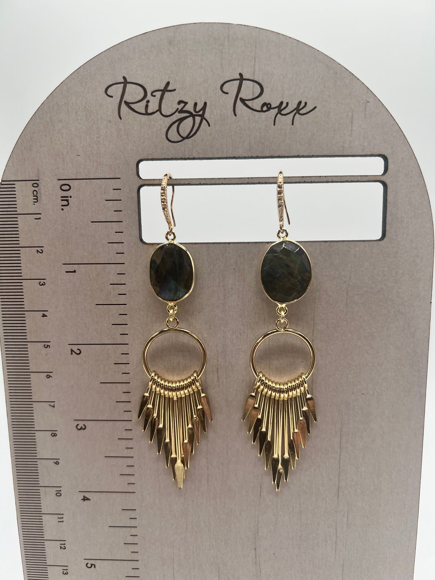 Gemstone Earring with Labradorite bezel set stone with large gold tassel