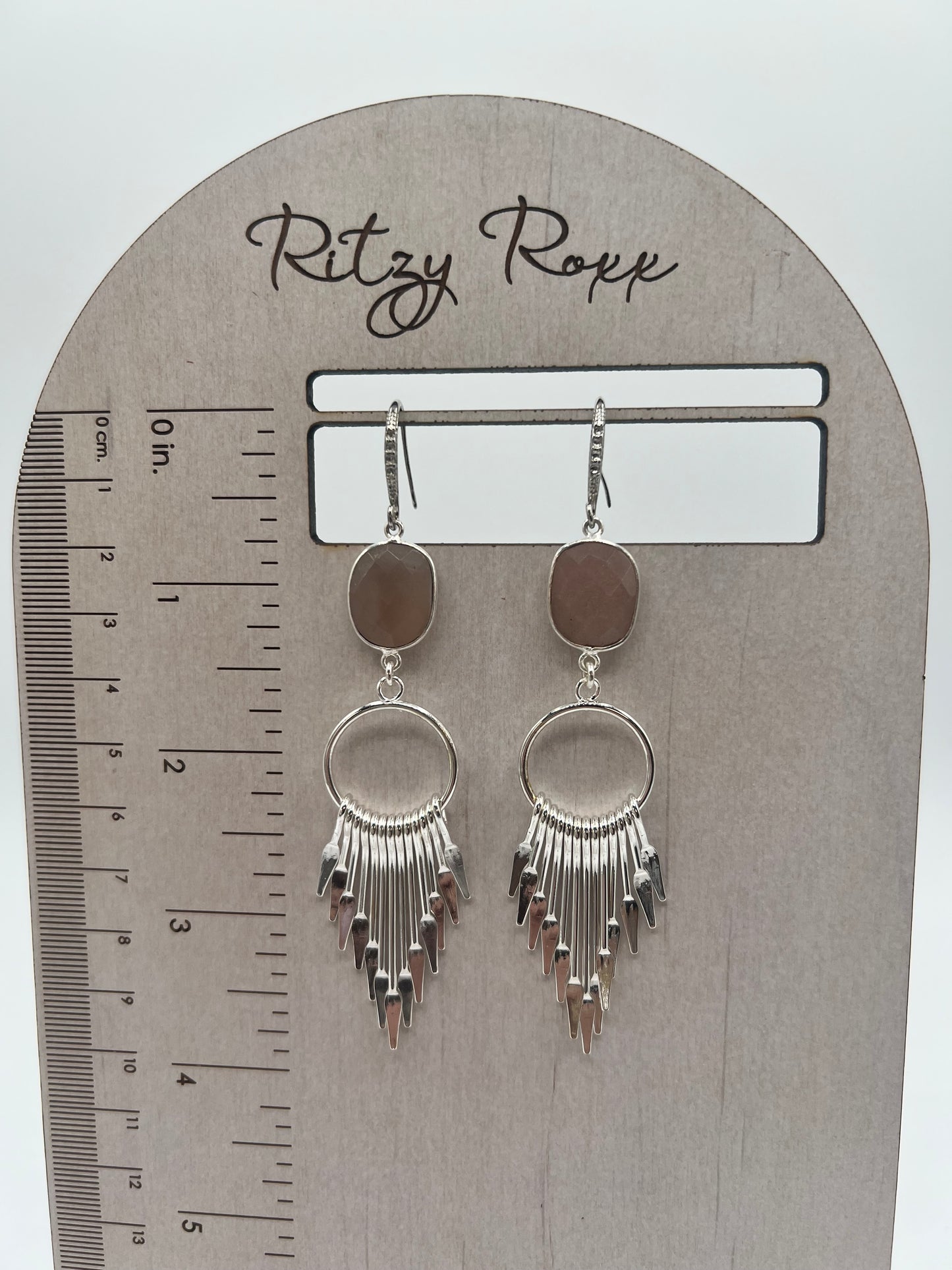 Gemstone Earring with Sunstone Bezel set stone with large silver tassle