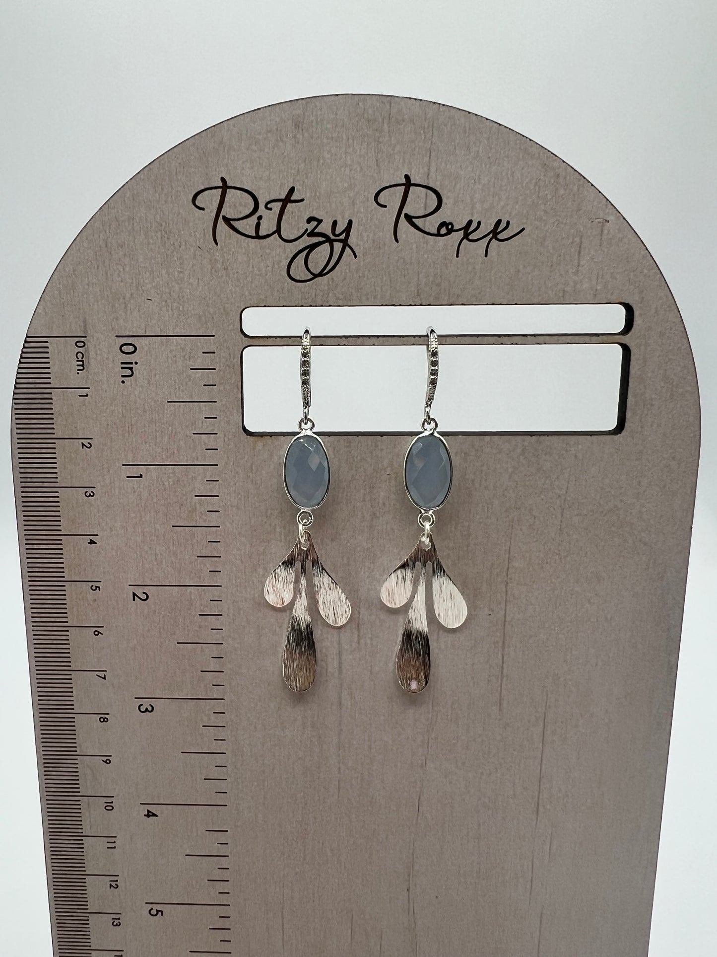Silver gemstone Earring with Aqua Quartz Oval Quartz with Small Brushed Silver Leaf