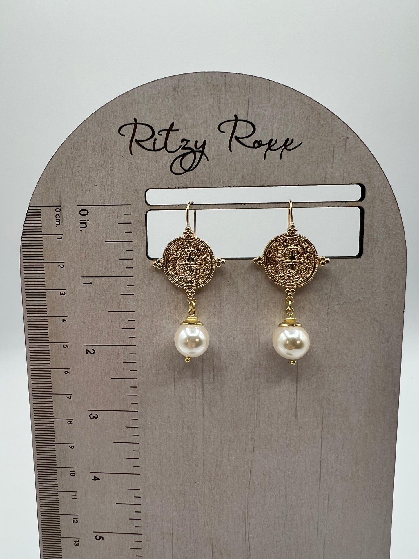Gemstone Earring with Gold Medallion White Shell Pearl