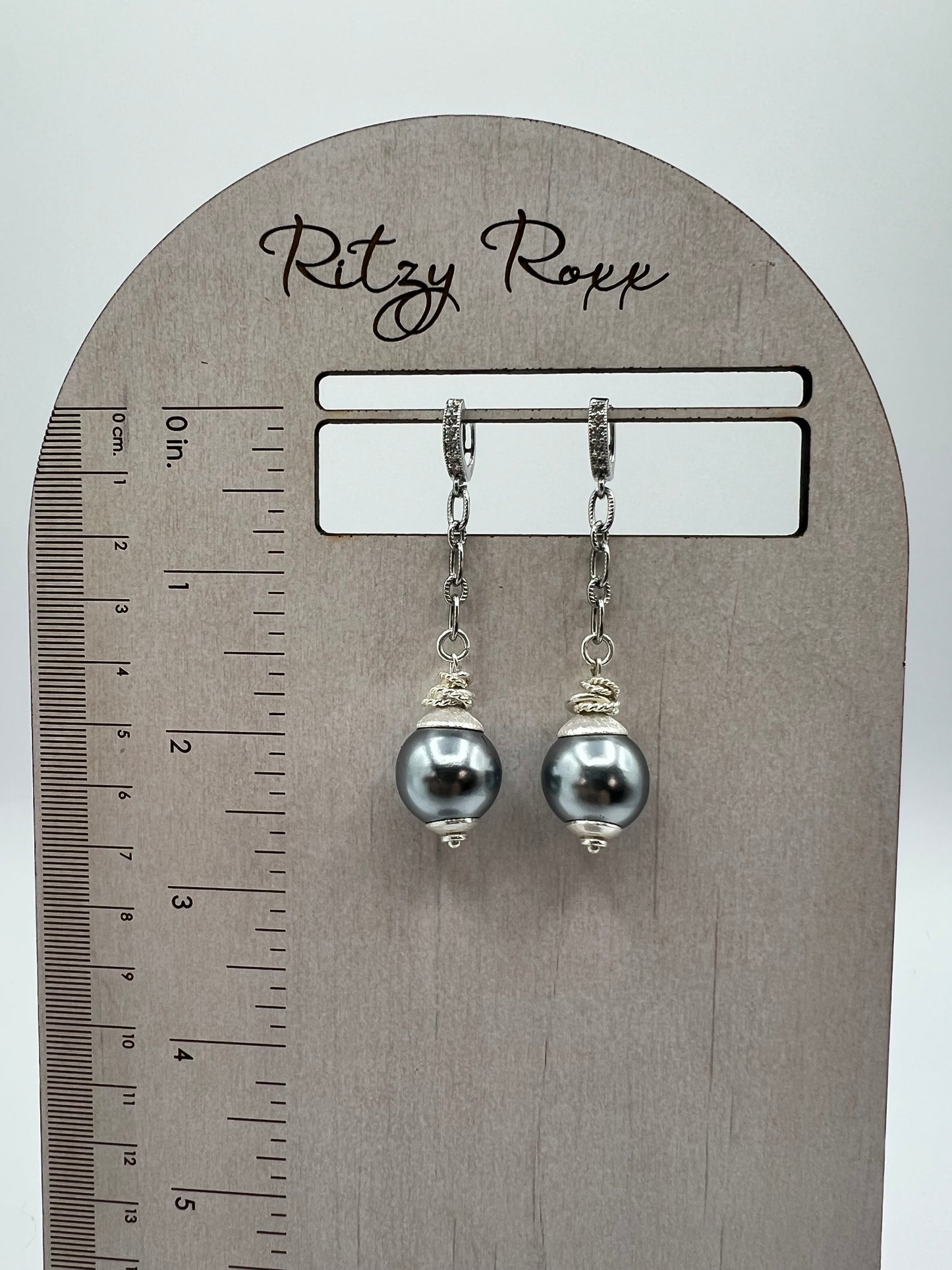 Gemstone Earring with Silver Chain and Gray Shell Pearl
