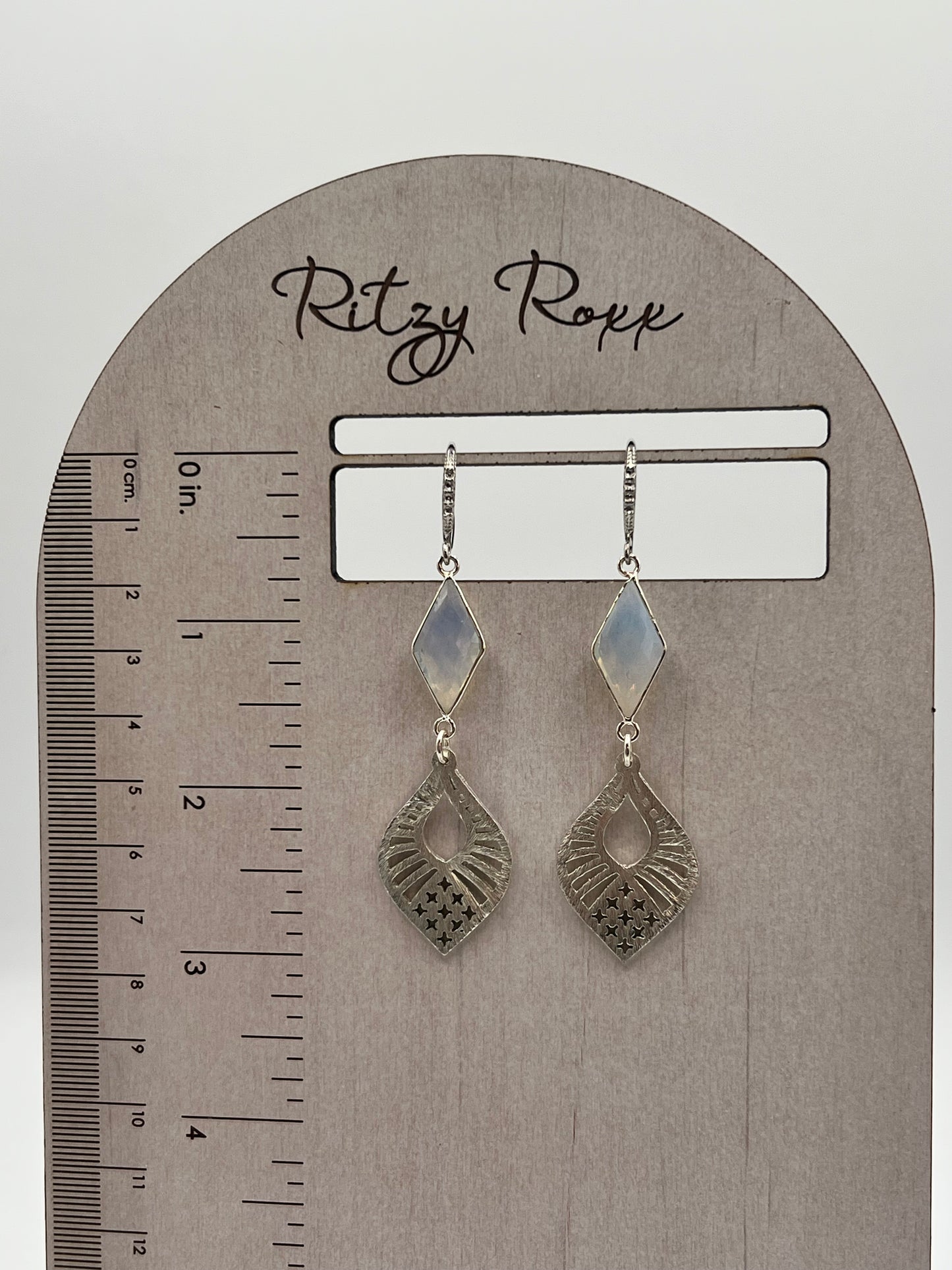 Silver Gemstone Earring with Opalite Rhombus and Marquise Filigree Charm