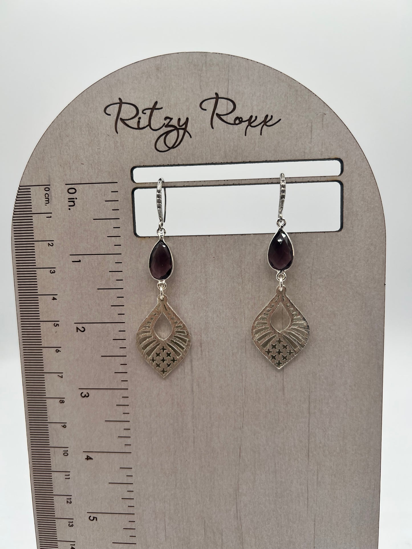 Silver Gemstone Earring with Amethyst Pear and Marquise Filigree Charm