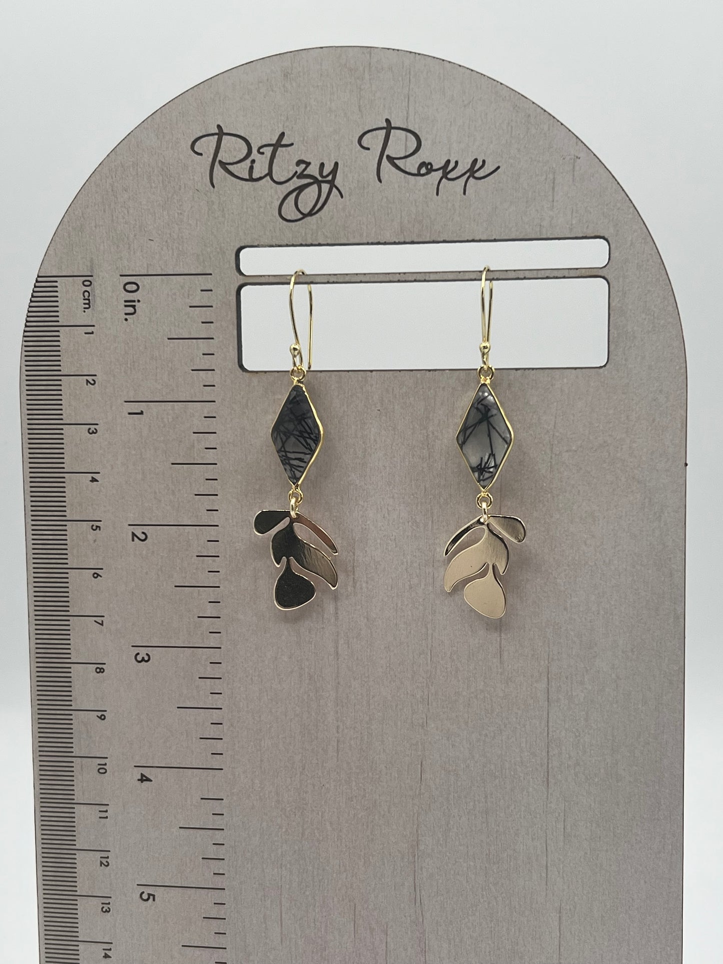 Gold Gemstone Earring with Black Rutile Rhombus and Gold Leaf Charm