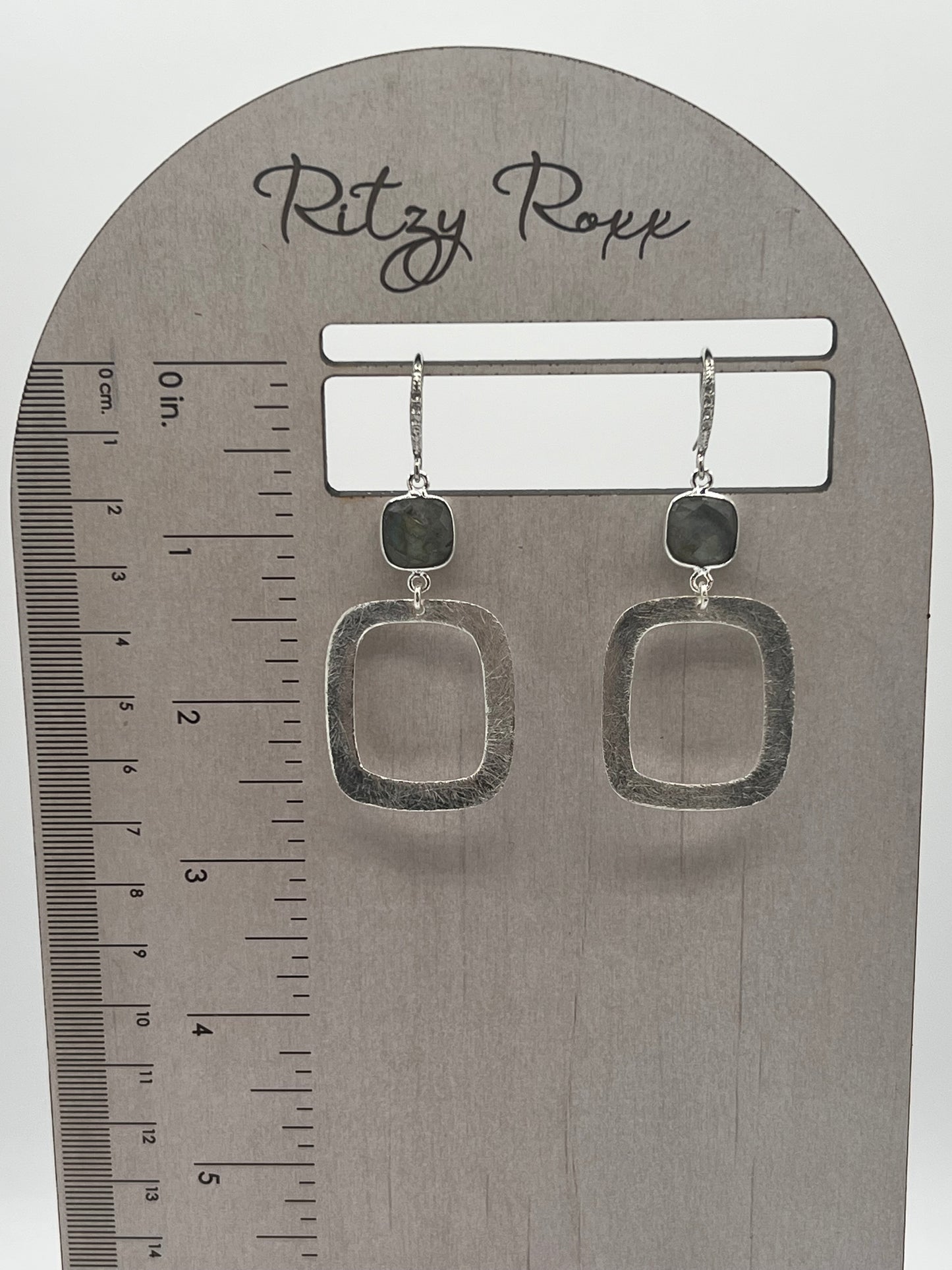 Silver Gemstone Earring with Cushion Shape Labradorite Stone and Square brushed Silver Charm