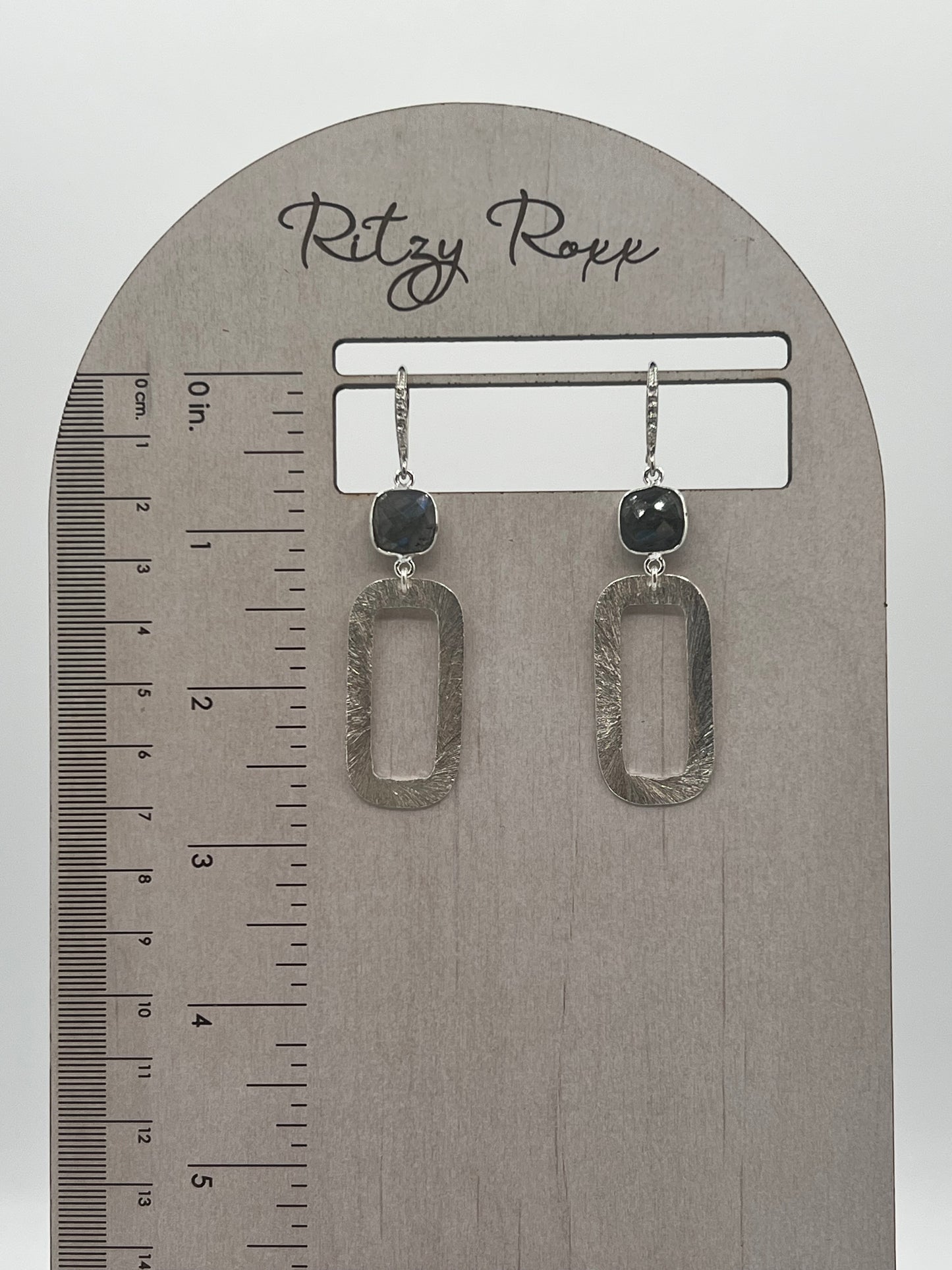 Silver Gemstone Earring with Cushion Shape Labradorite Stone and Long Rectangle brushed Silver Charm