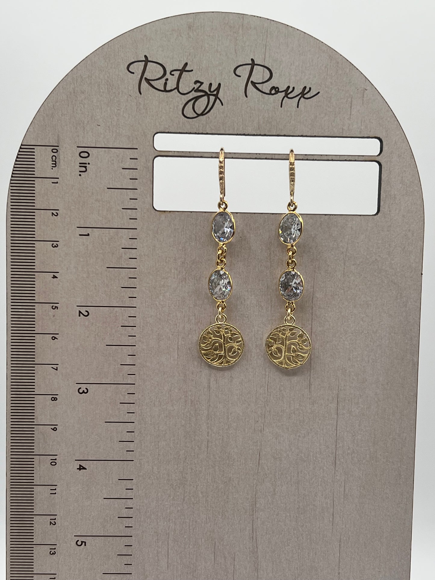 Gold Gemstone Earring wih 2 CZs and Brushed Gold Tree of Life Charm.