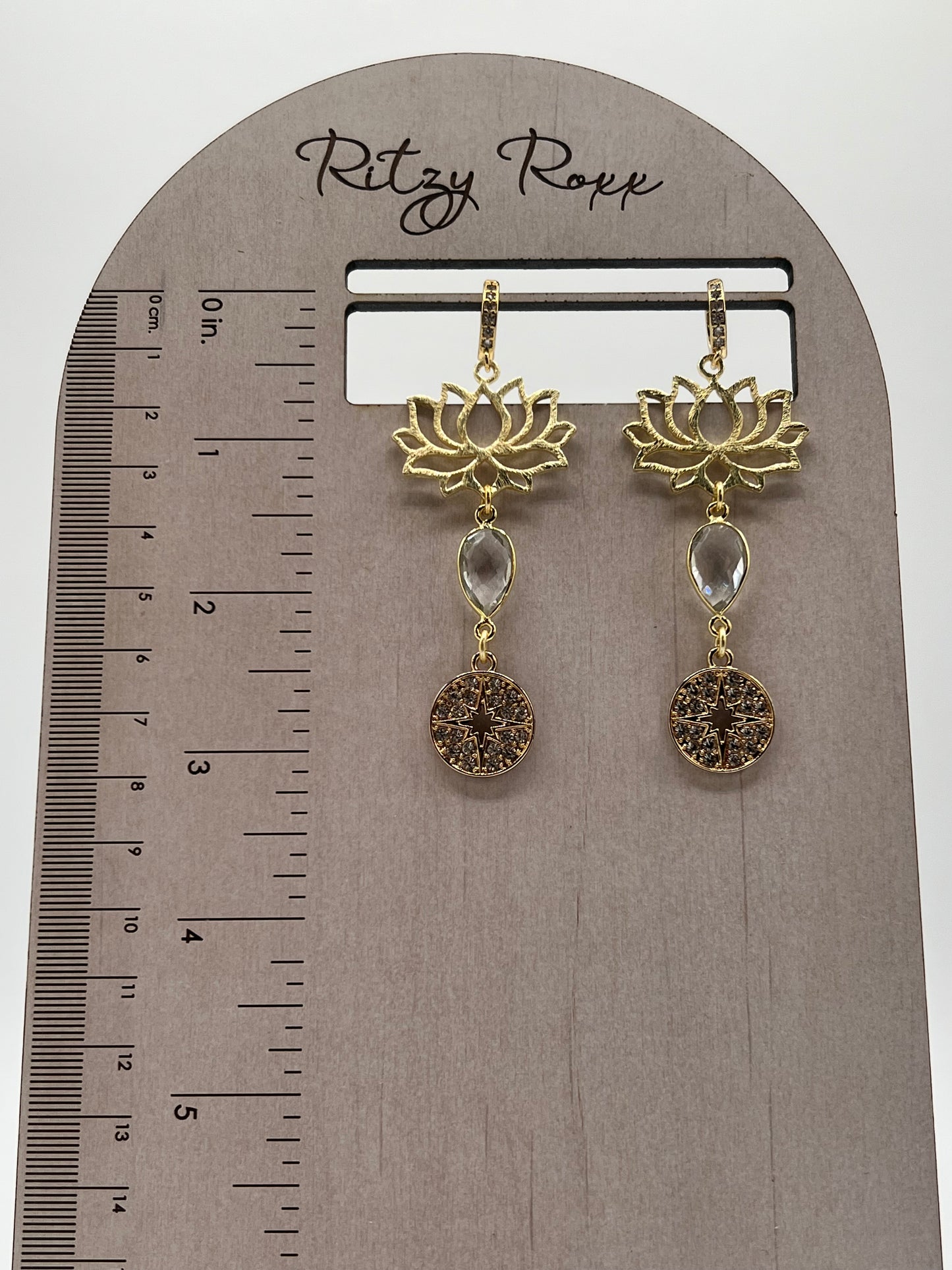 Gold Gemstone Earring with Large Gold Lotus, Crystal Pear and Pave Star Charm