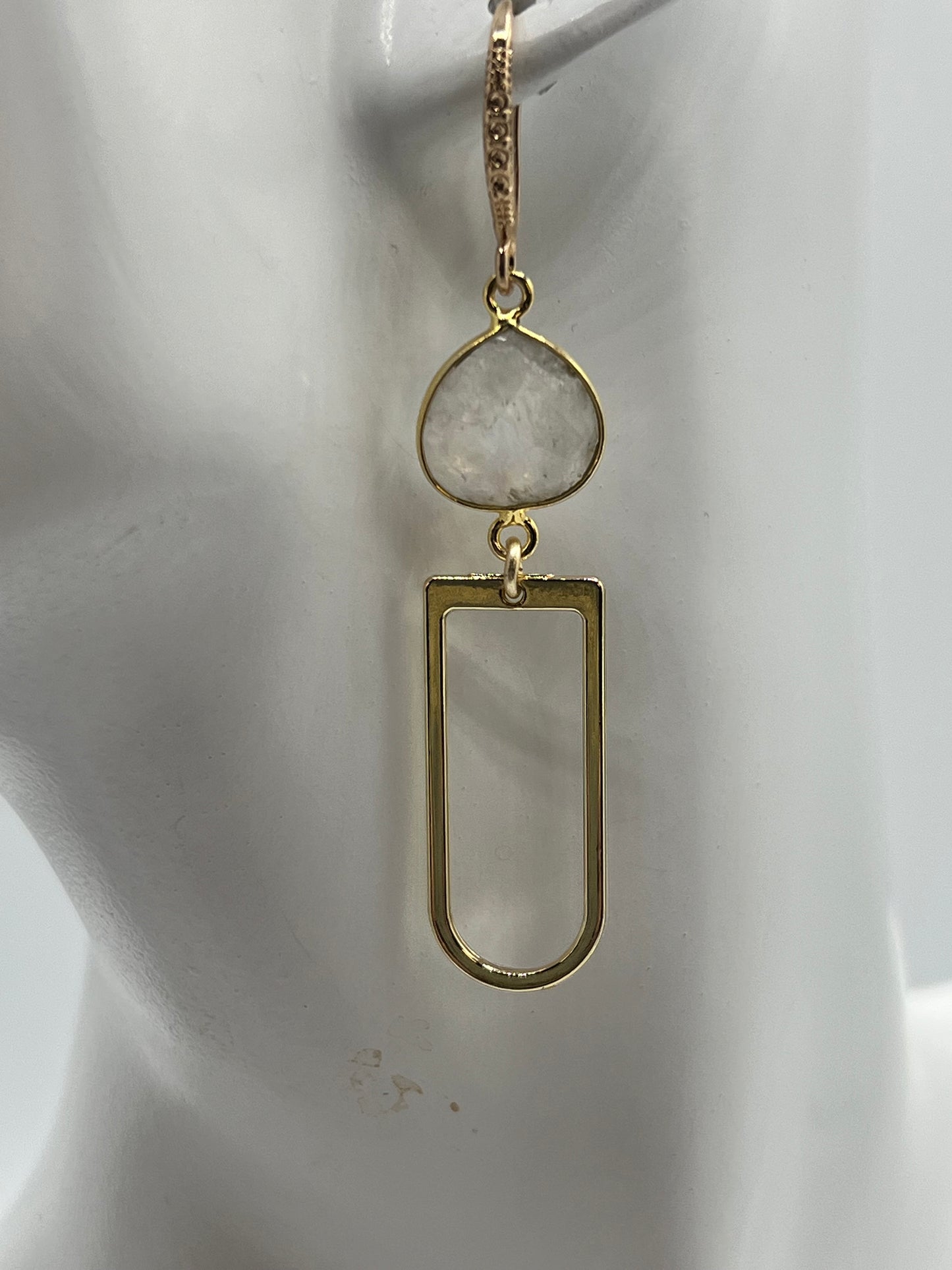 Gold Gemstone Earring with Rainbow Moonstone Heart with U Shaped Gold Charm