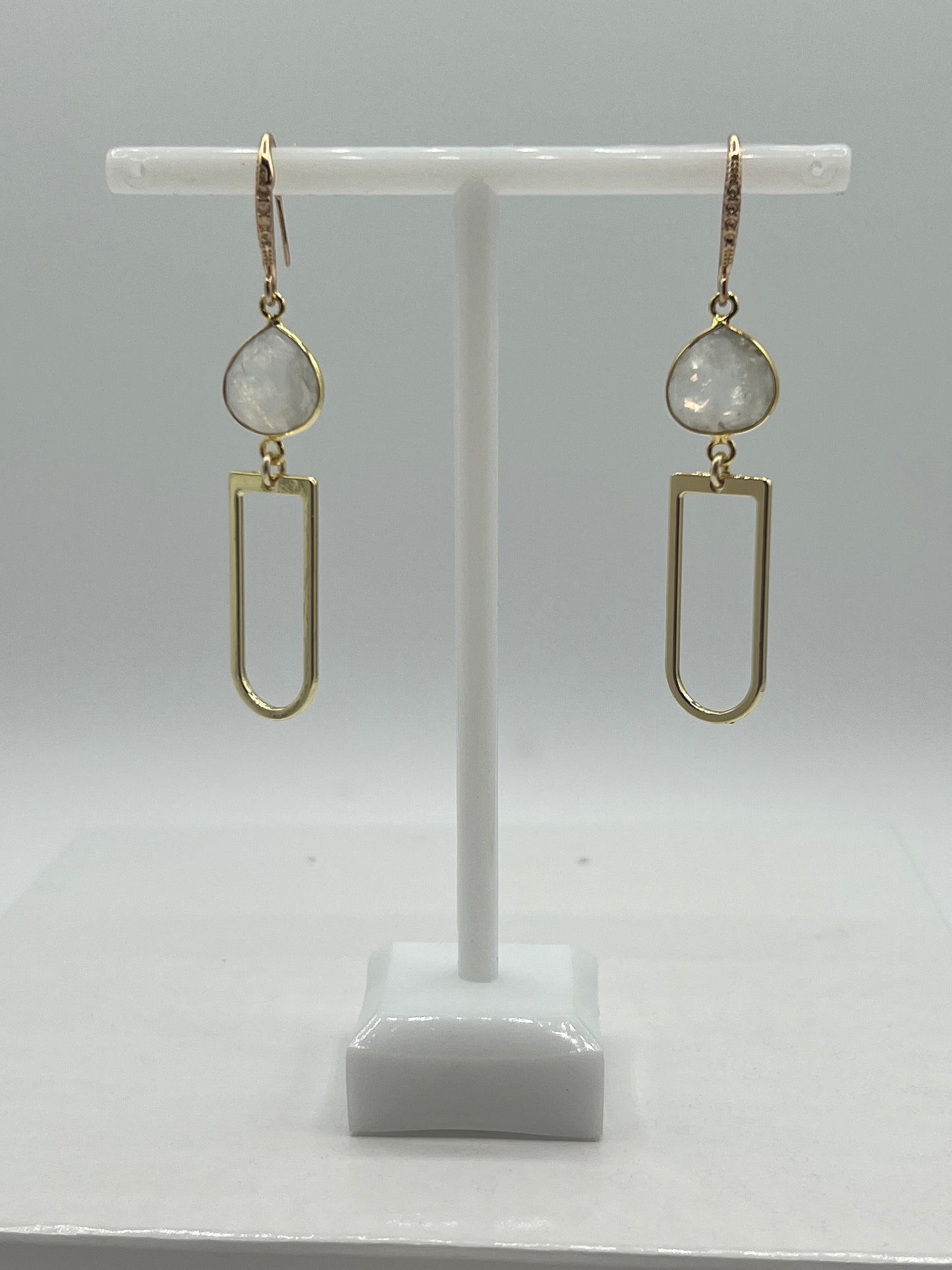 Gold Gemstone Earring with Rainbow Moonstone Heart with U Shaped Gold Charm