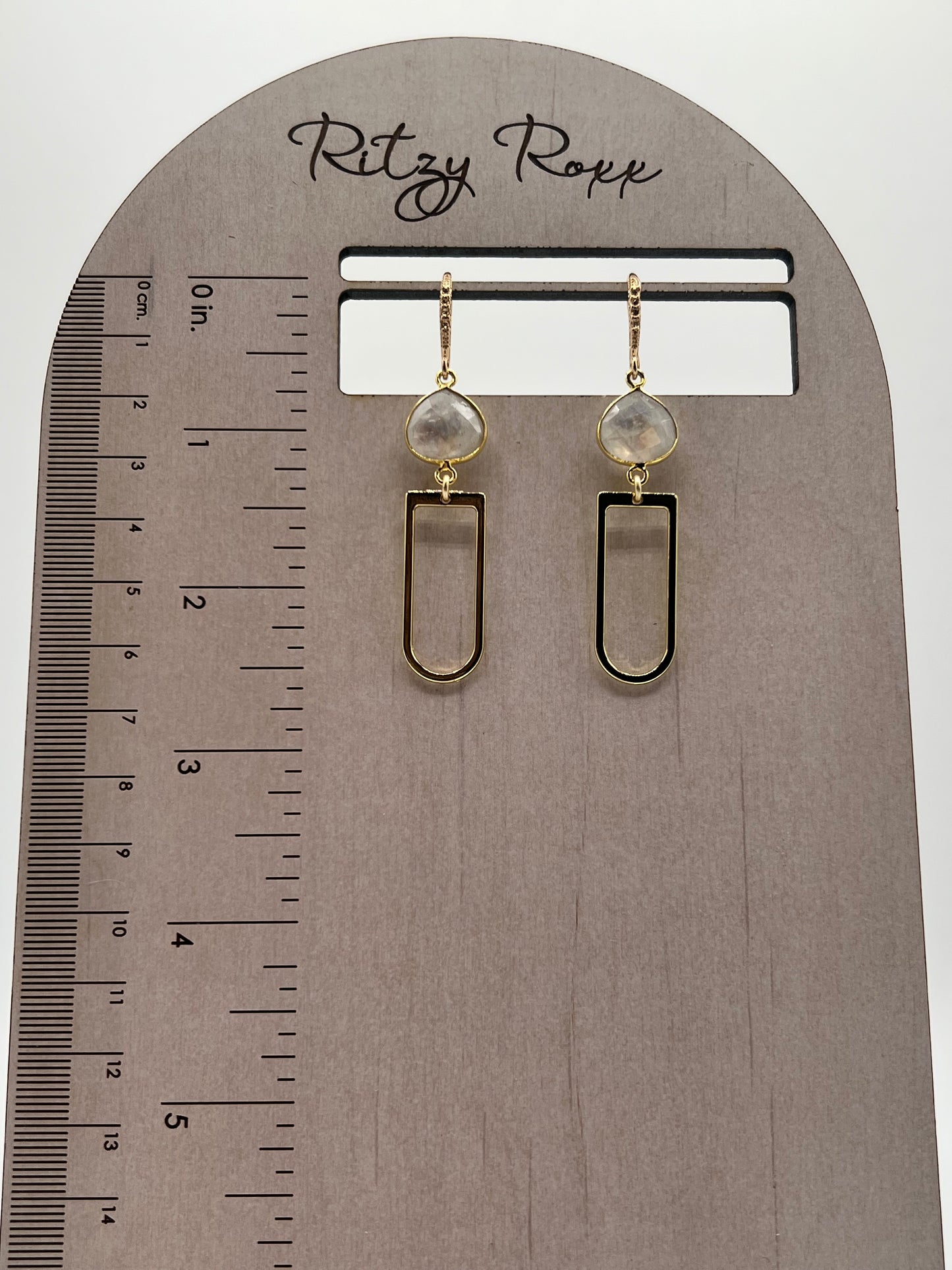 Gold Gemstone Earring with Rainbow Moonstone Heart with U Shaped Gold Charm