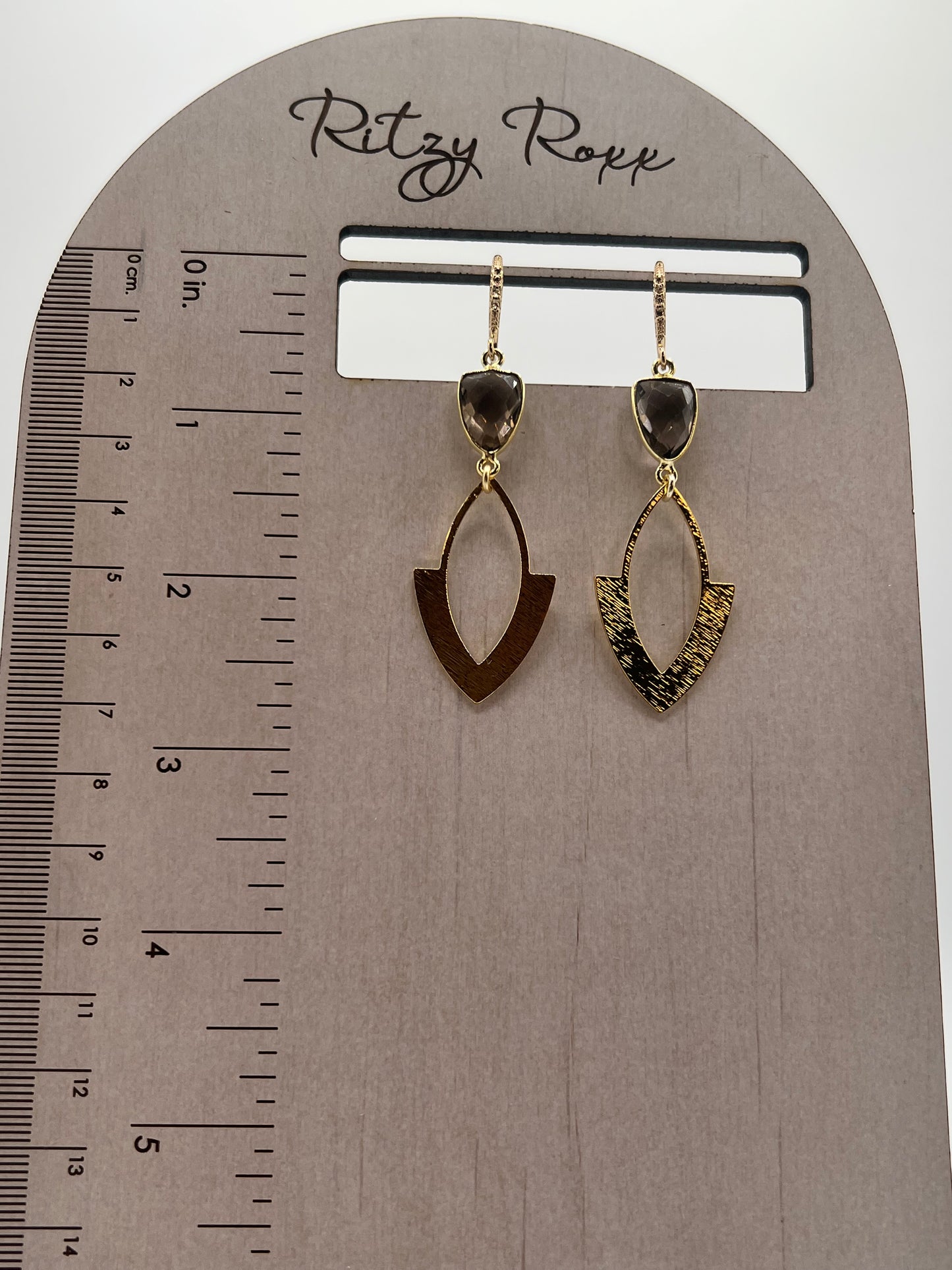 Gold Gemstone Earring with Smokey Topaz Trillion and a Brushed Gold Arrowhead Charm