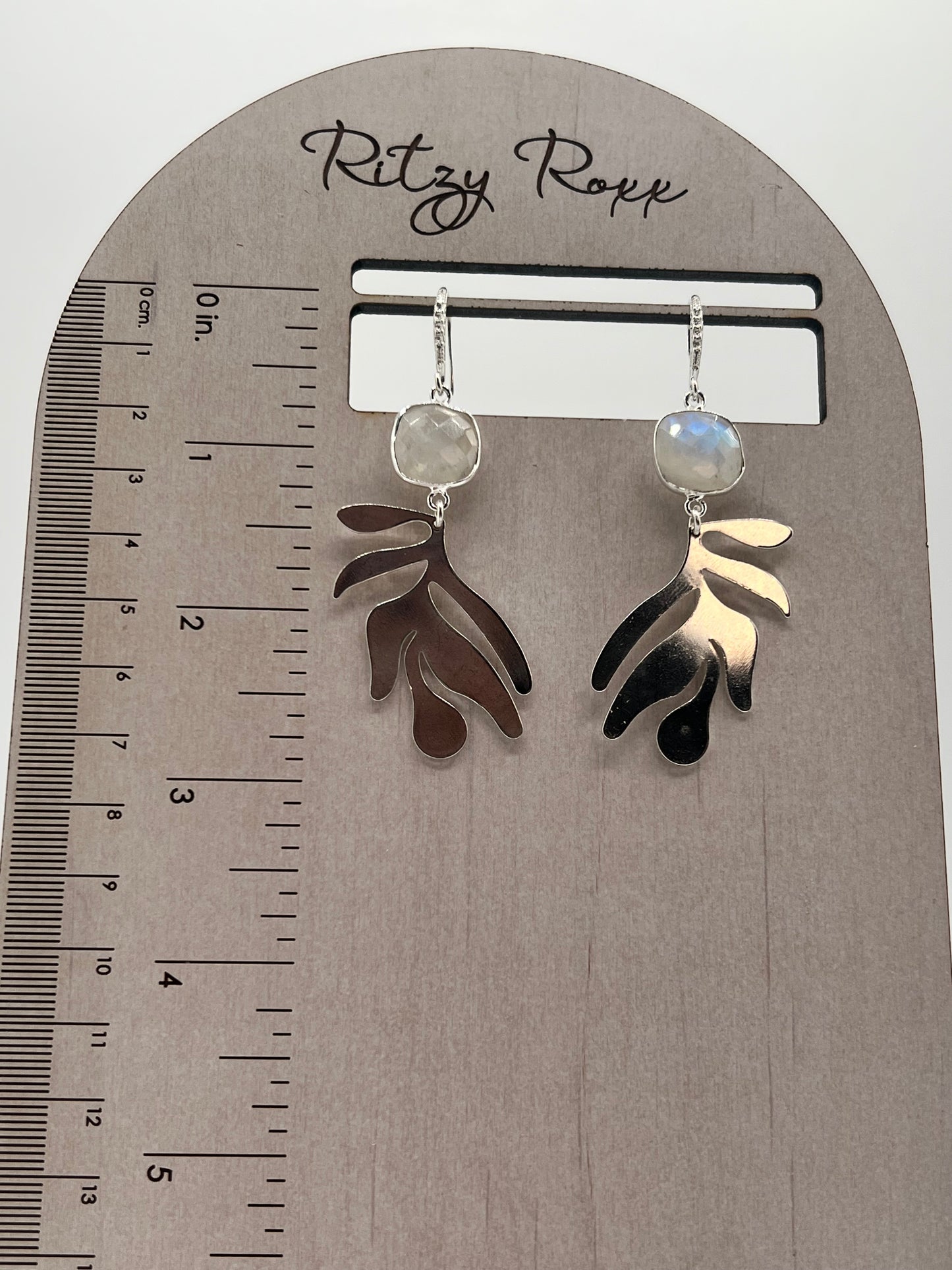 Silver Gemstone Earring, rainbow Moonstone Cushion Cut Stone with Large Polished Silver Leaf Charm