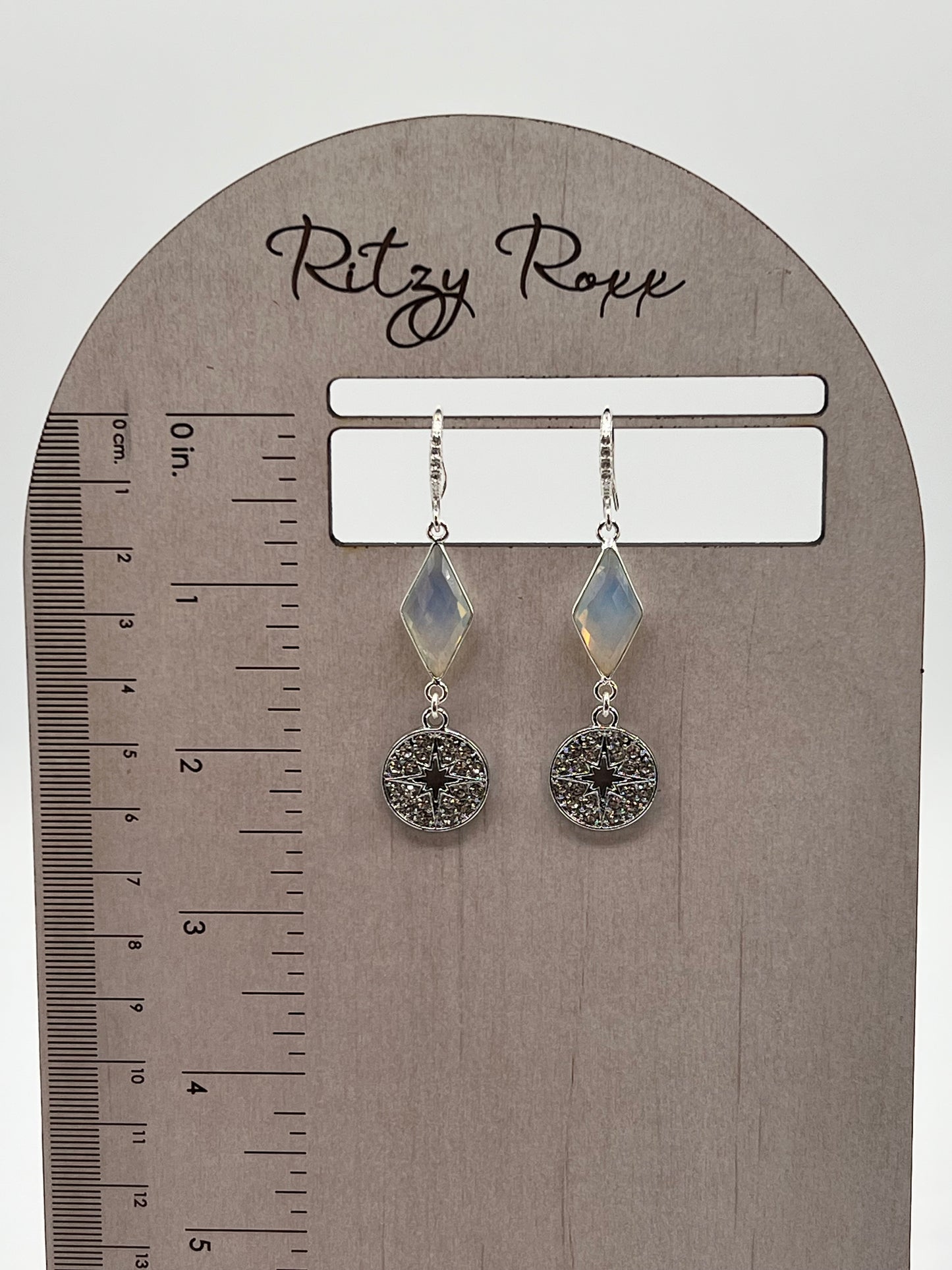 Silver Gemstone Earring with Opalite Diamond and Pave Star Charm