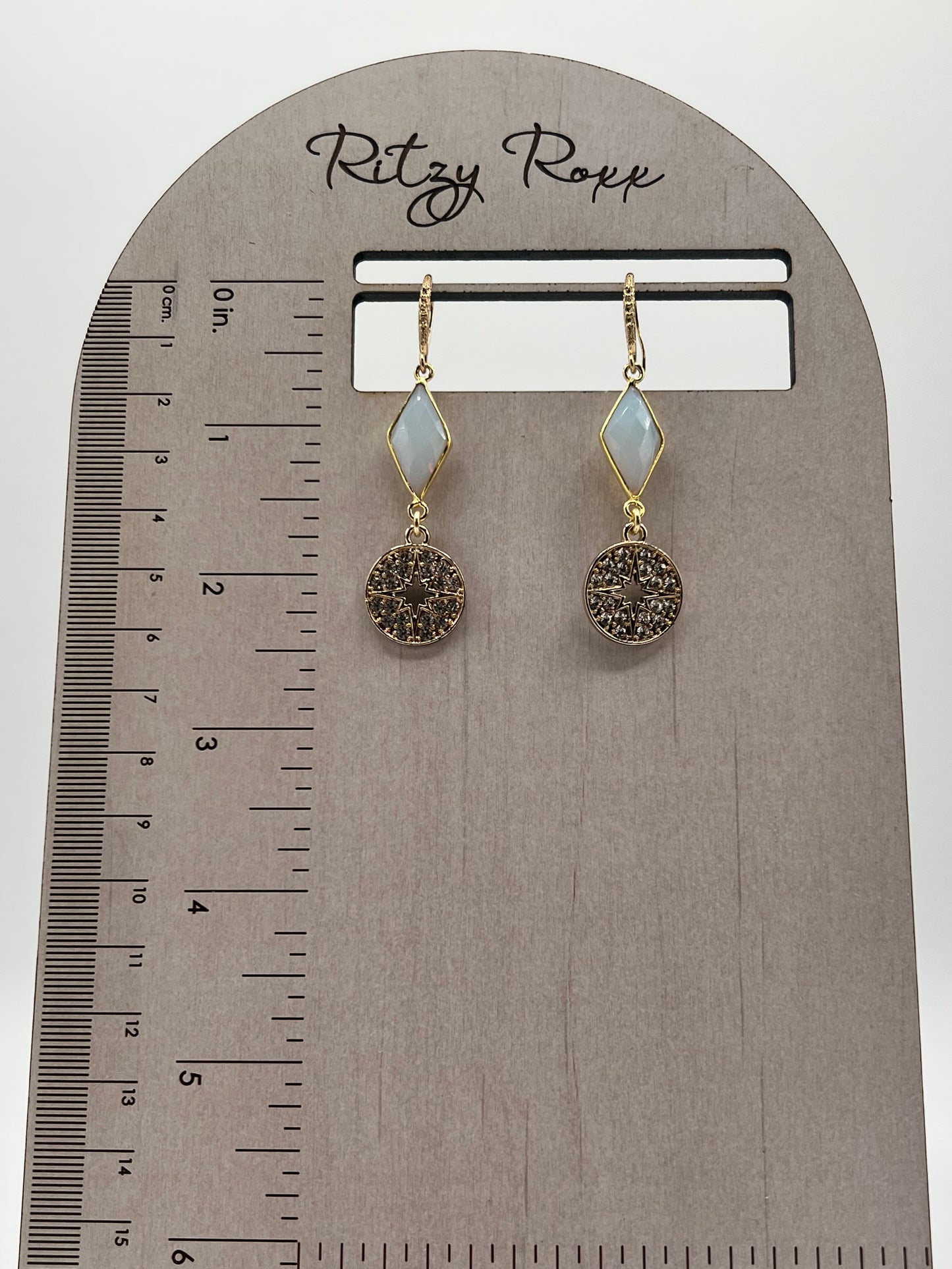 Silver Gemstone Earring with Opalite Diamond and Pave Star Charm