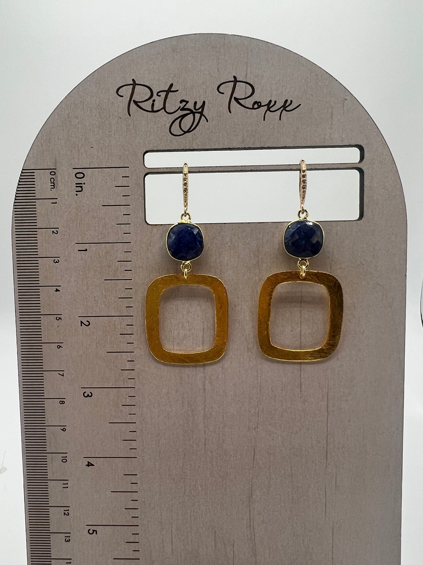 Gold Gemstone Earring, Blue Saphire Cushion Cut Stone, Square Brushed Gold Charm