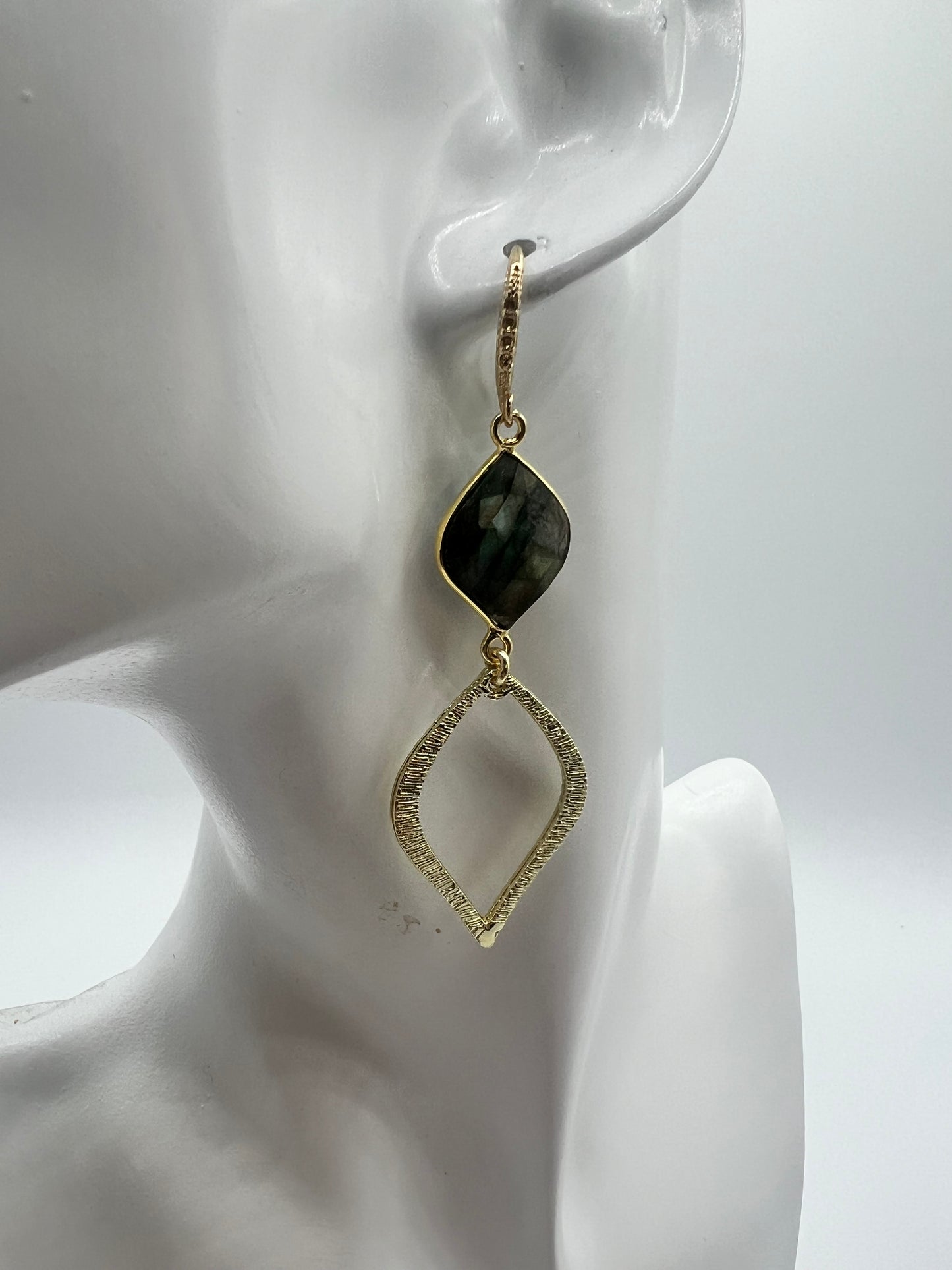Gold Gemstone earring with Labradorite Marquis and Brushed Gold Marquis Charm