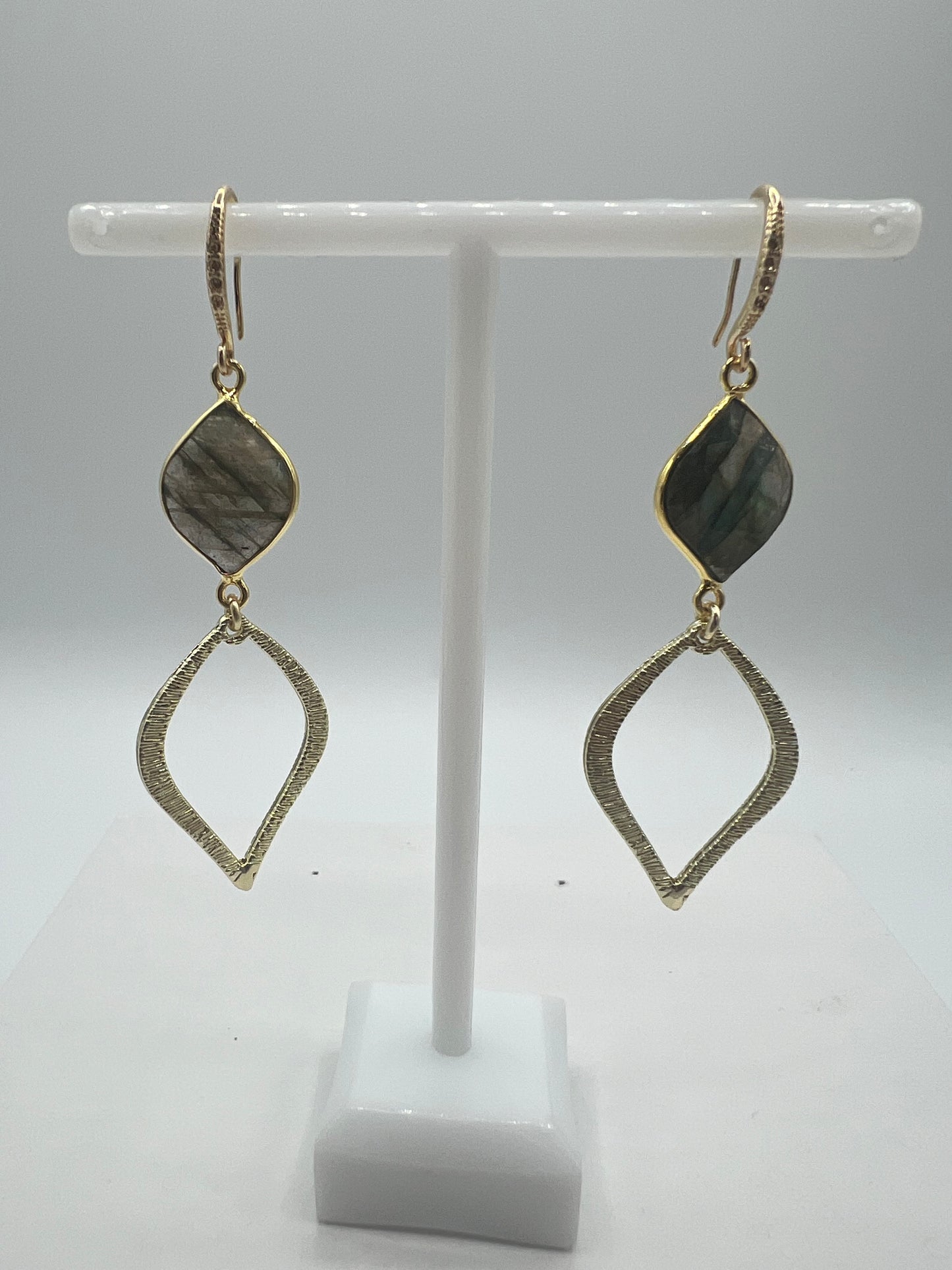 Gold Gemstone earring with Labradorite Marquis and Brushed Gold Marquis Charm