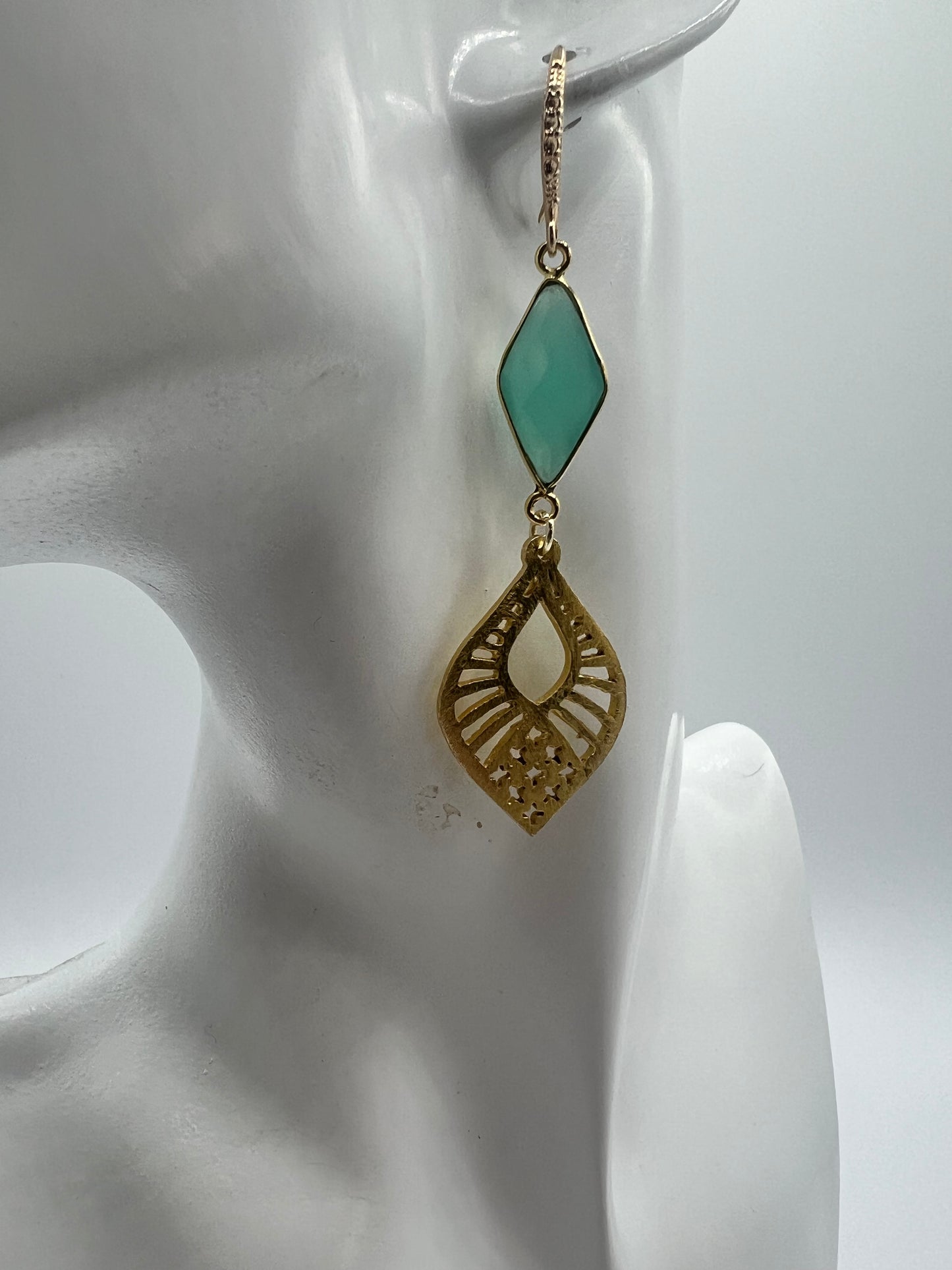 Gold Gemstone earring with Amazonite Diamond and Gold Filigree Charm