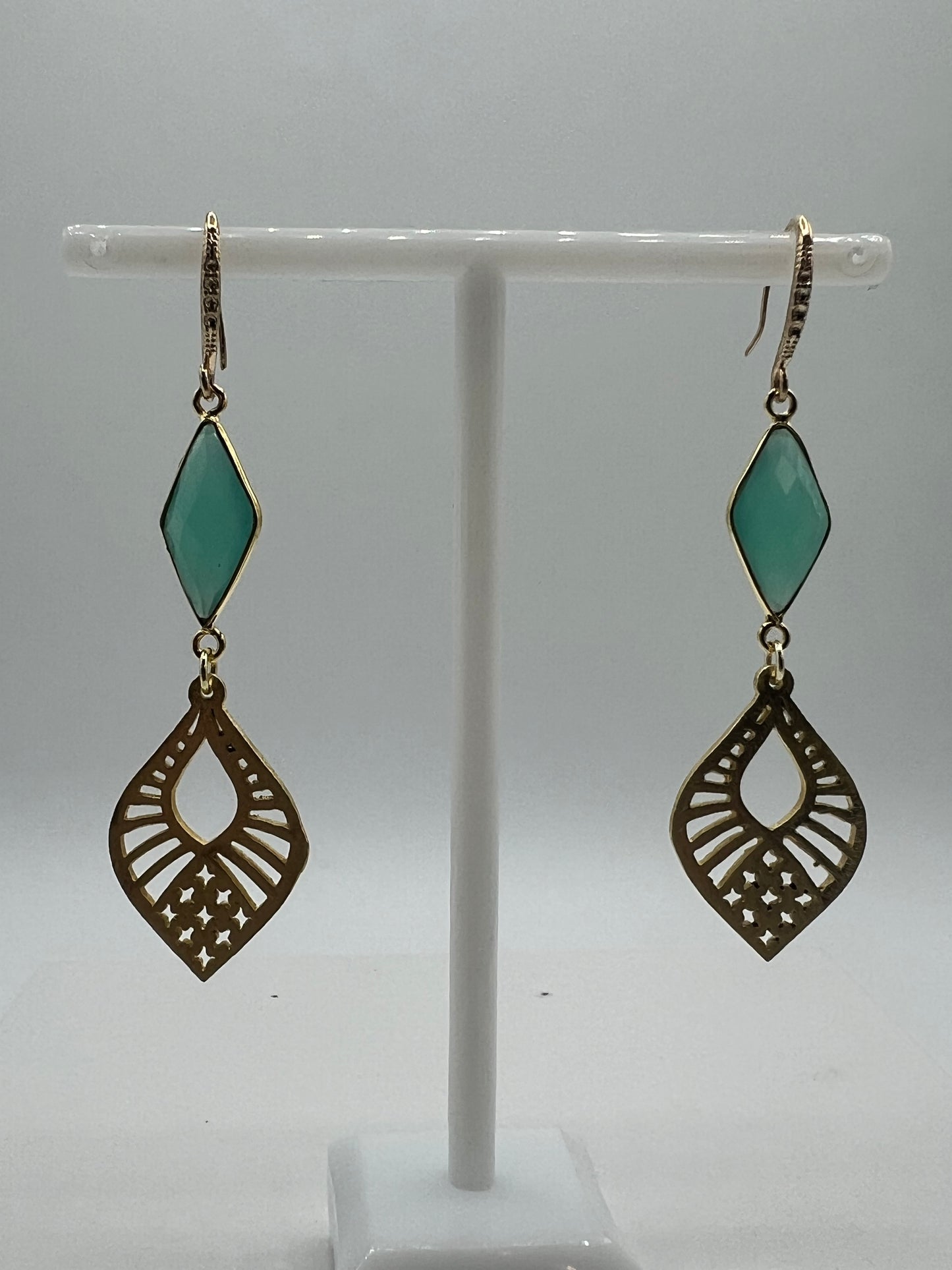 Gold Gemstone earring with Amazonite Diamond and Gold Filigree Charm