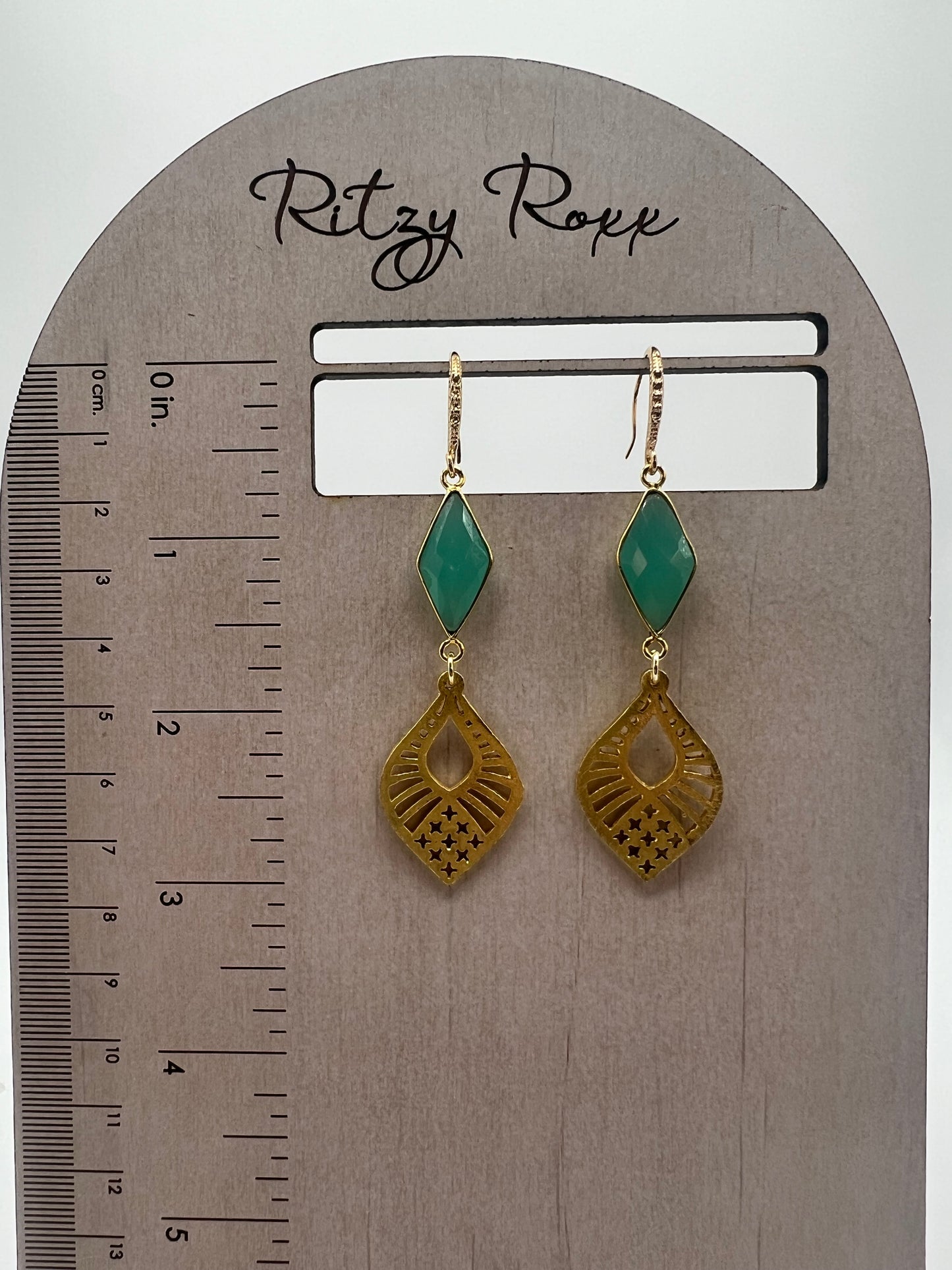 Gold Gemstone earring with Amazonite Diamond and Gold Filigree Charm