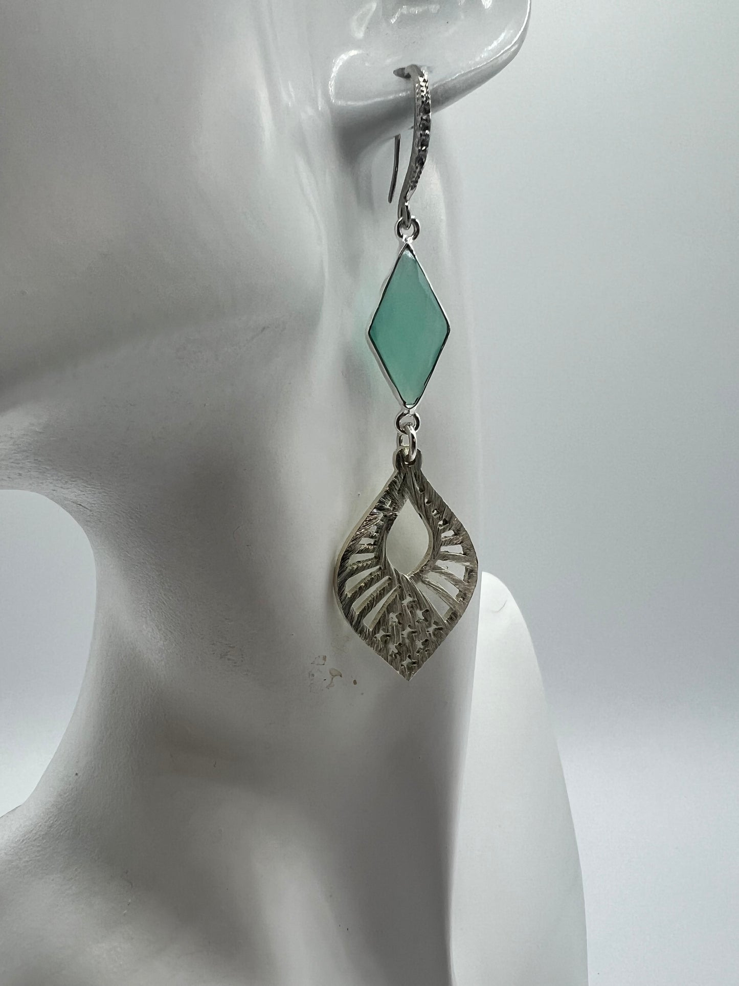 Silver Gemstone earring with Amazonite Diamond and Silver Filigree Charm