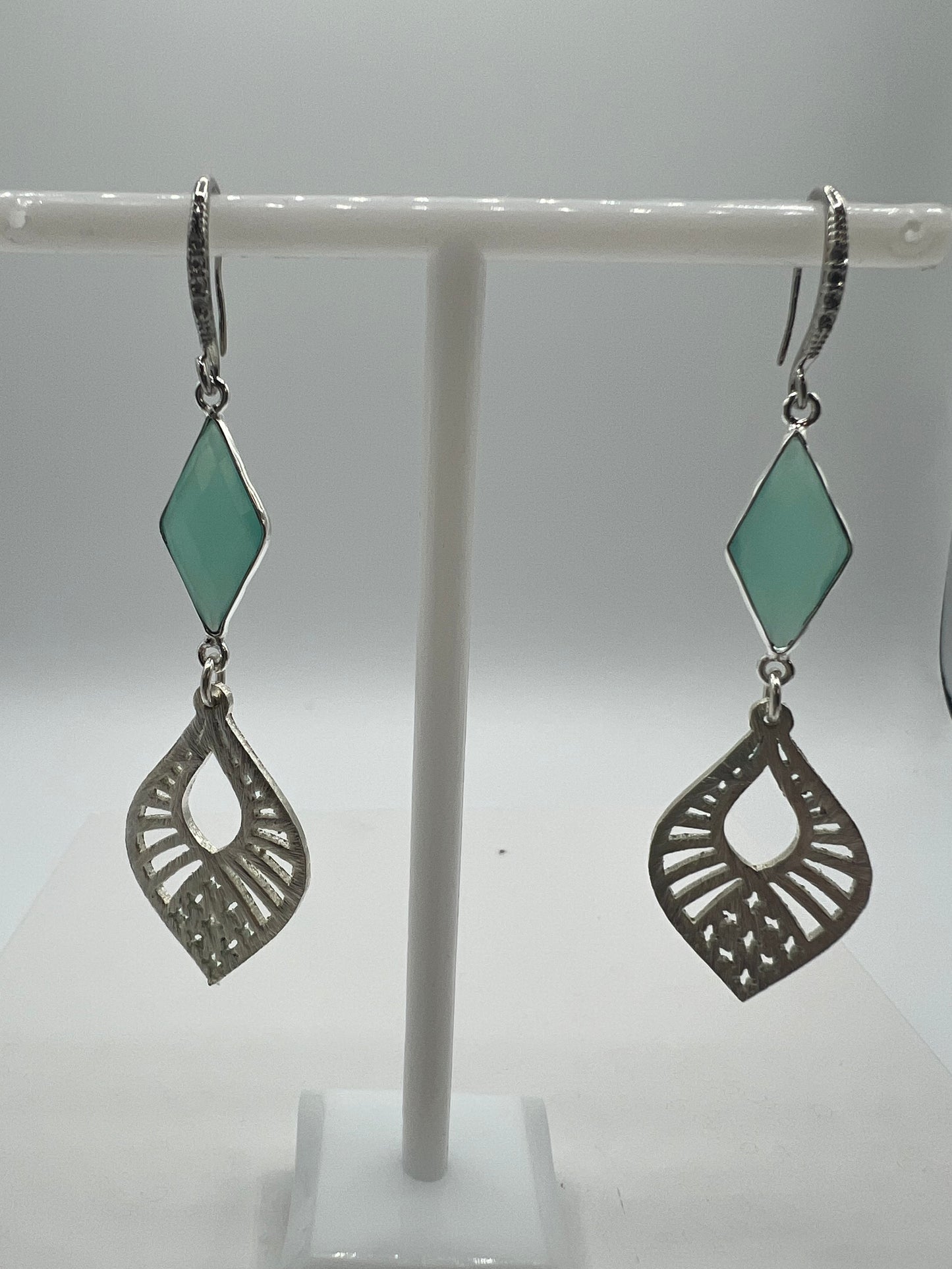 Silver Gemstone earring with Amazonite Diamond and Silver Filigree Charm