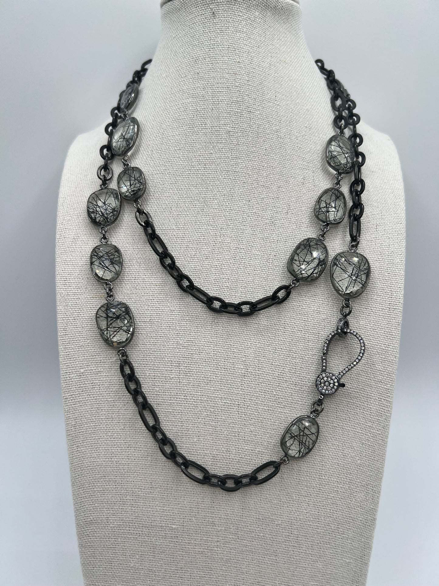Gemstone Long Chain Necklace/ Black Rutile