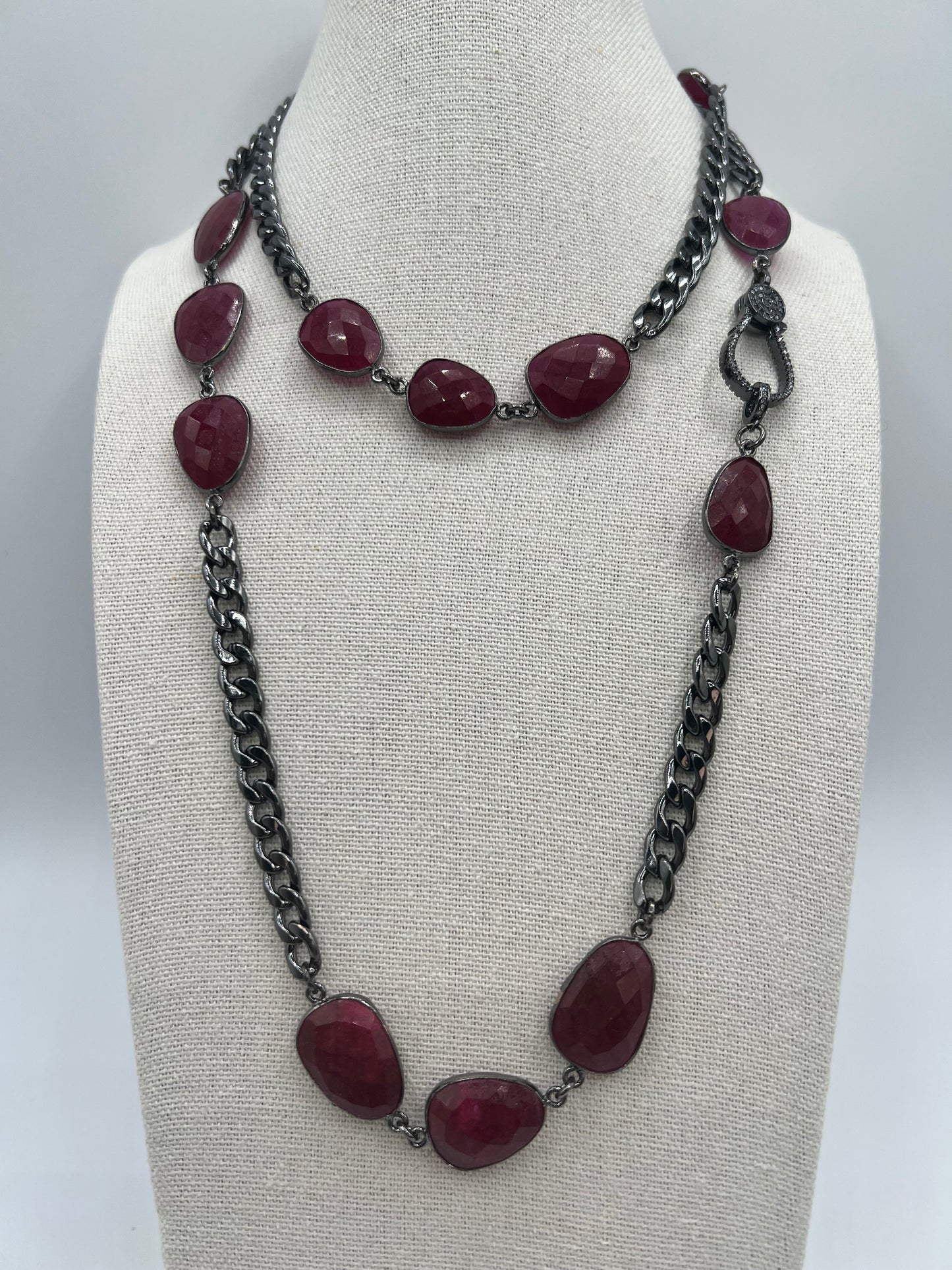 Gemstone Long Chain Necklace/Dyed Faceted Ruby Quartz
