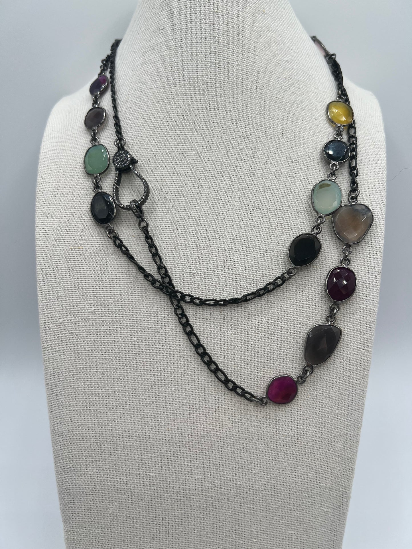 Gemstone Long Chain Necklace/Multicolor Chalcedony Stones