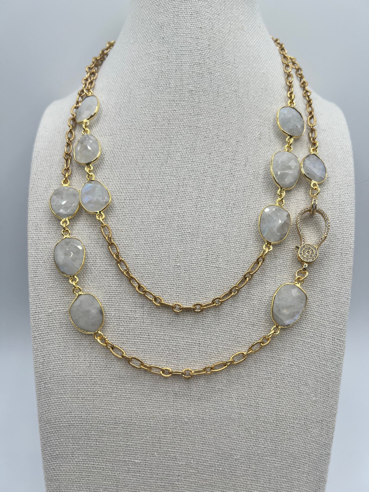 Gemstone Long Chain Necklace / Rainbow Moonstone