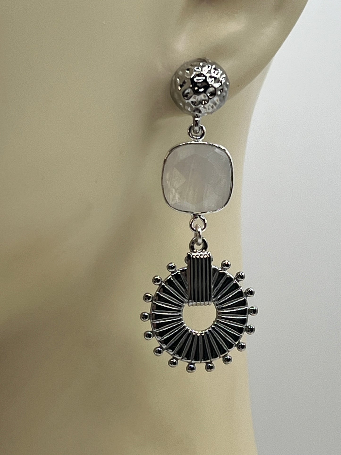 Gemstone Earring /Rainbow Moonstone 15MM Cushion Cut/ Silver Medallion