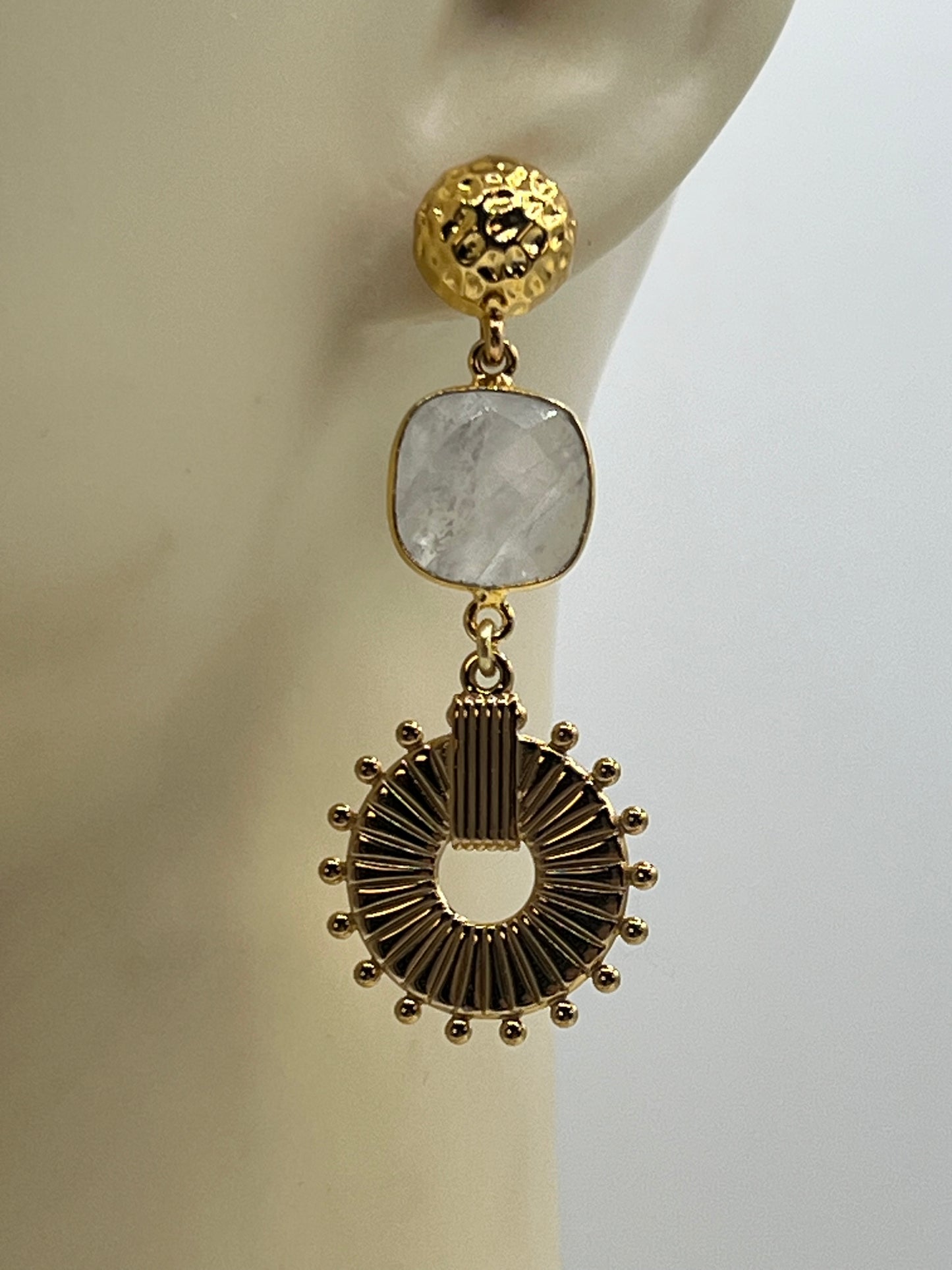 Gemstone Earring /Rainbow Moonstone 15MM Cushion Cut/ Gold Medallion