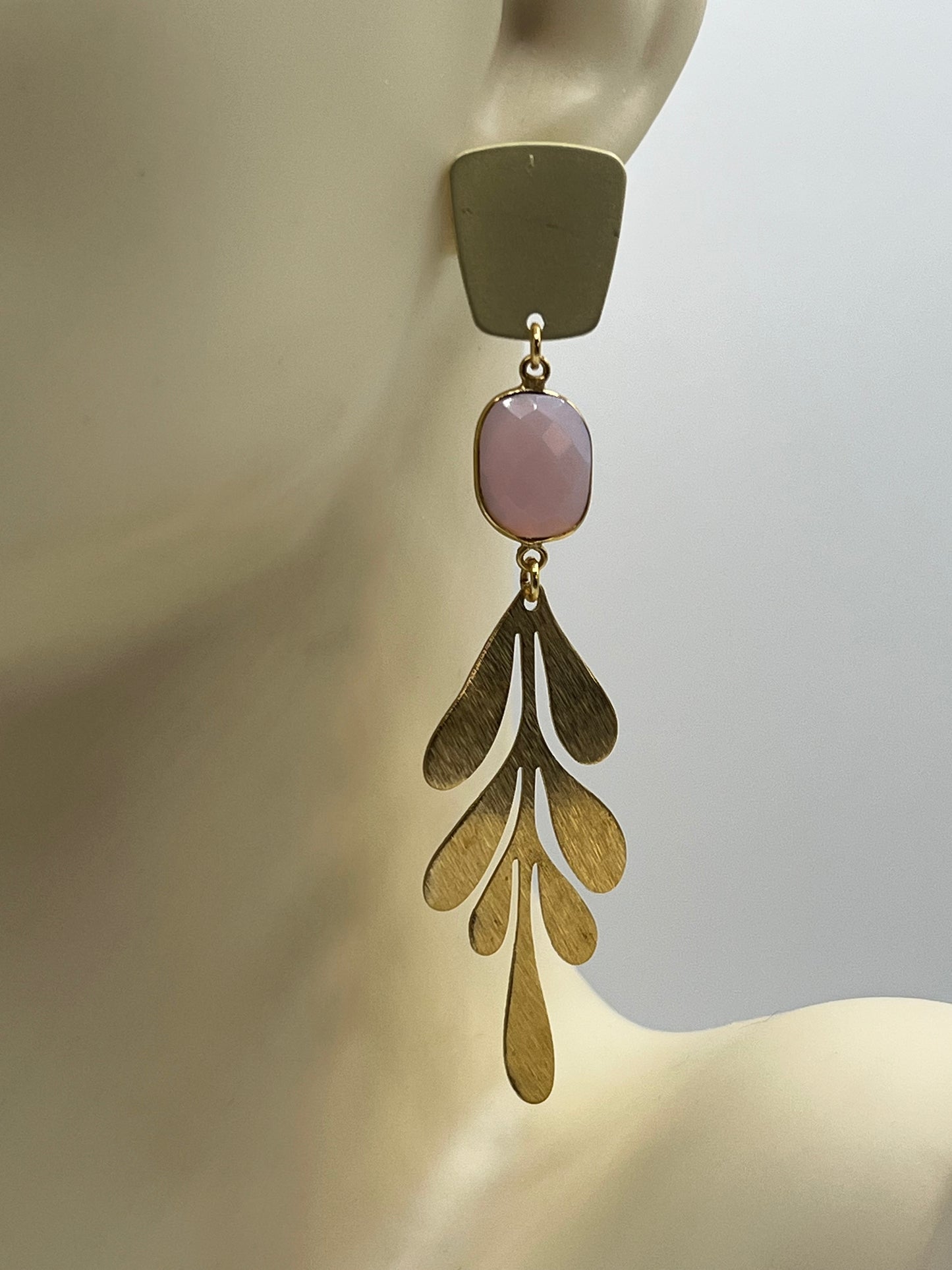 Gemstone Earring/ Gold Long Leaf/ Opalite Bezel Stone/ Trapezoid Brushed Gold Post