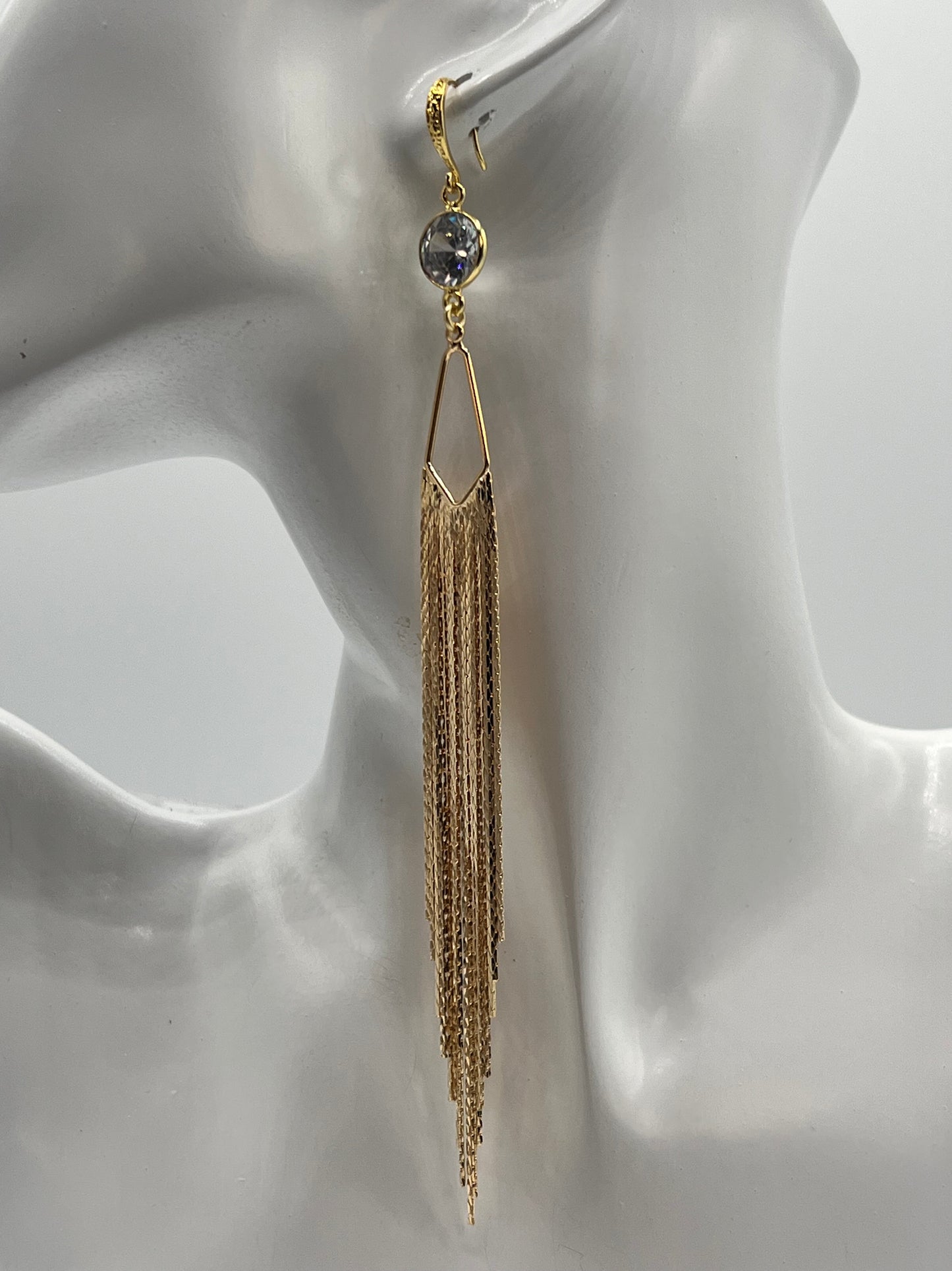 Gemstone Earring/ Long Gold Fringe/ 10MM CZ