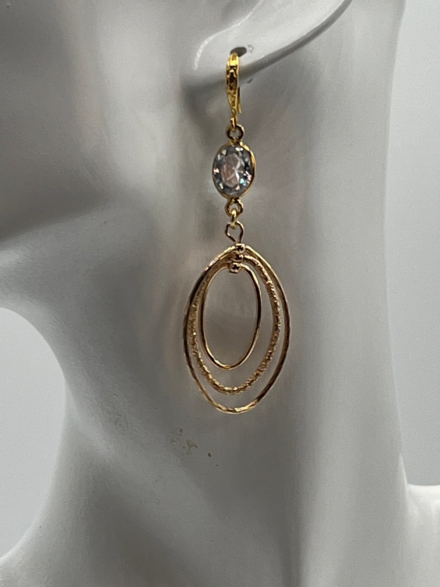 Gemstone Earring/ Gold Oval Swinger Dangles with Oval Sparkly CZ Stone