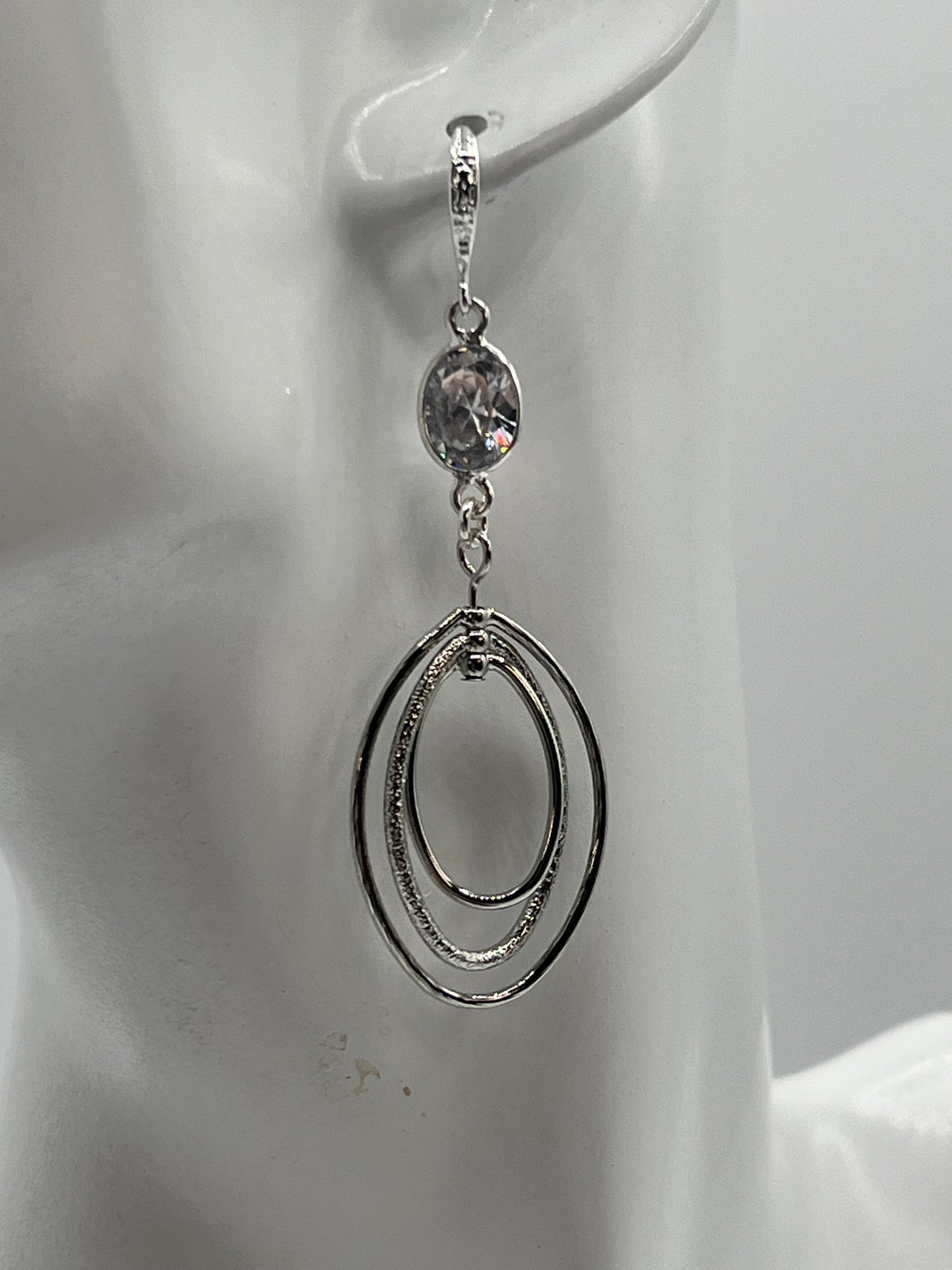 Gemstone Earring/ Silver Oval Swinger Dangles with Oval Sparkly CZ Stone