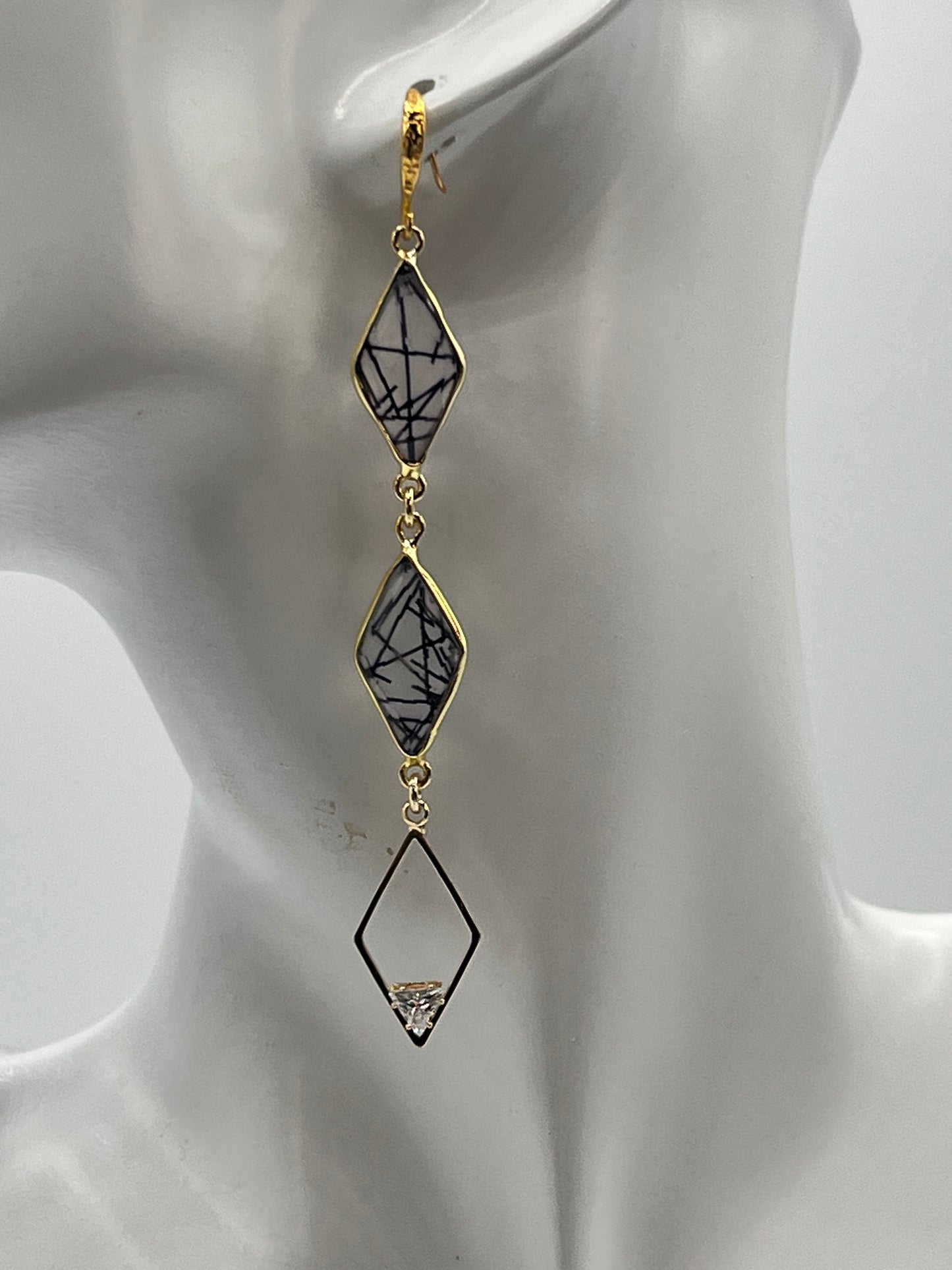 Gemstone Earring/ Black Rutile/Double Diamond/ with Open Diamond CZ Charm