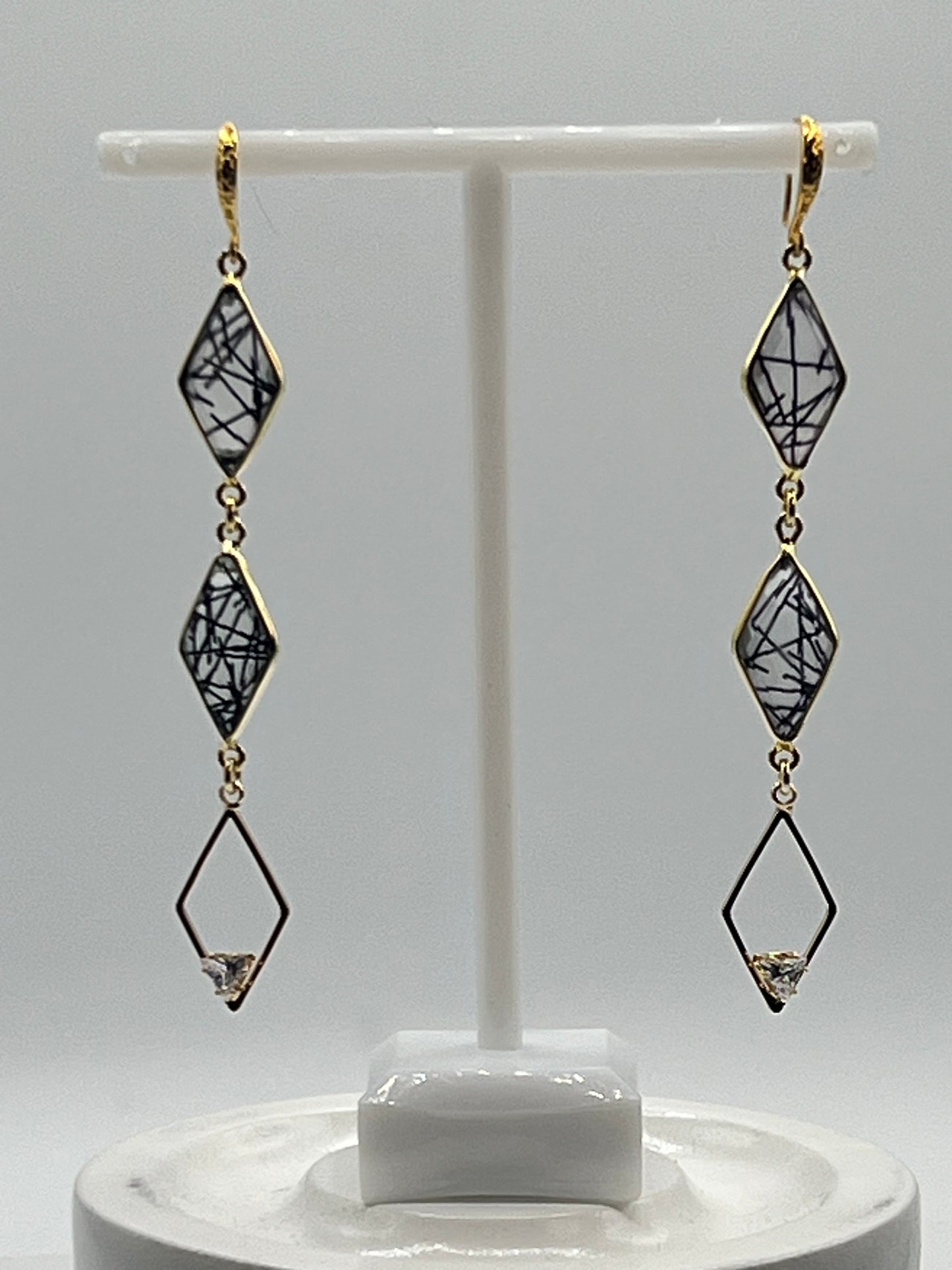 Gemstone Earring/ Black Rutile/Double Diamond/ with Open Diamond CZ Charm