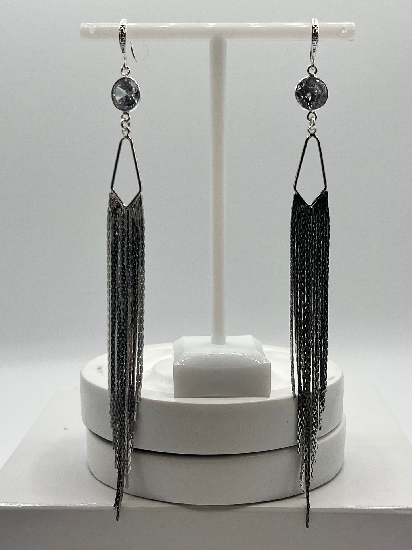 Gemstone Earring/ Long Silver Fringe/ 10MM CZ