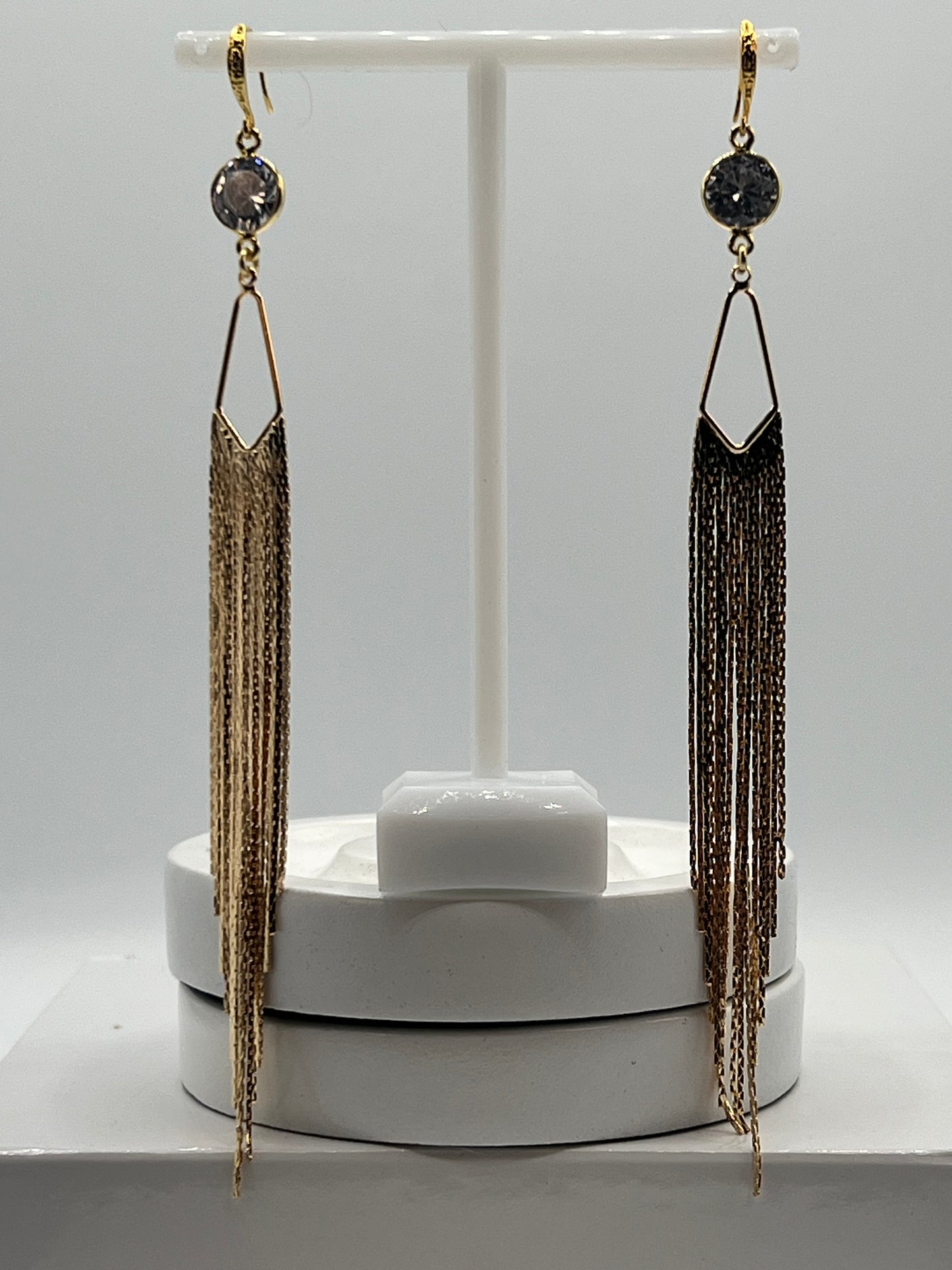 Gemstone Earring/ Long Gold Fringe/ 10MM CZ