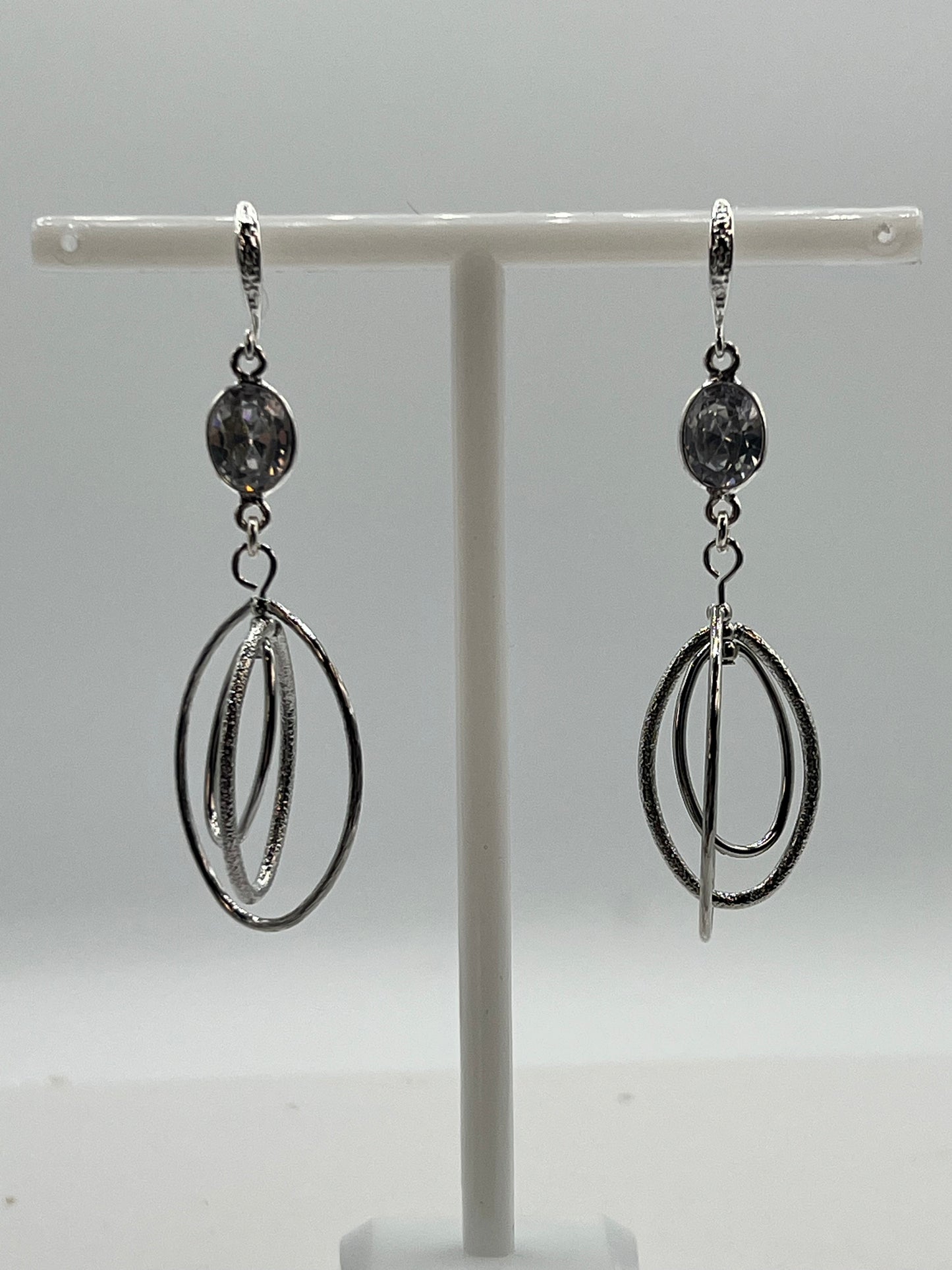 Gemstone Earring/ Silver Oval Swinger Dangles with Oval Sparkly CZ Stone