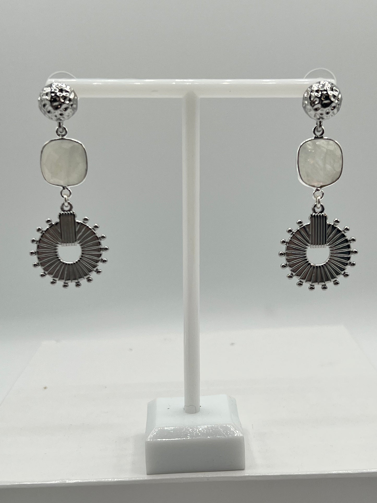 Gemstone Earring /Rainbow Moonstone 15MM Cushion Cut/ Silver Medallion