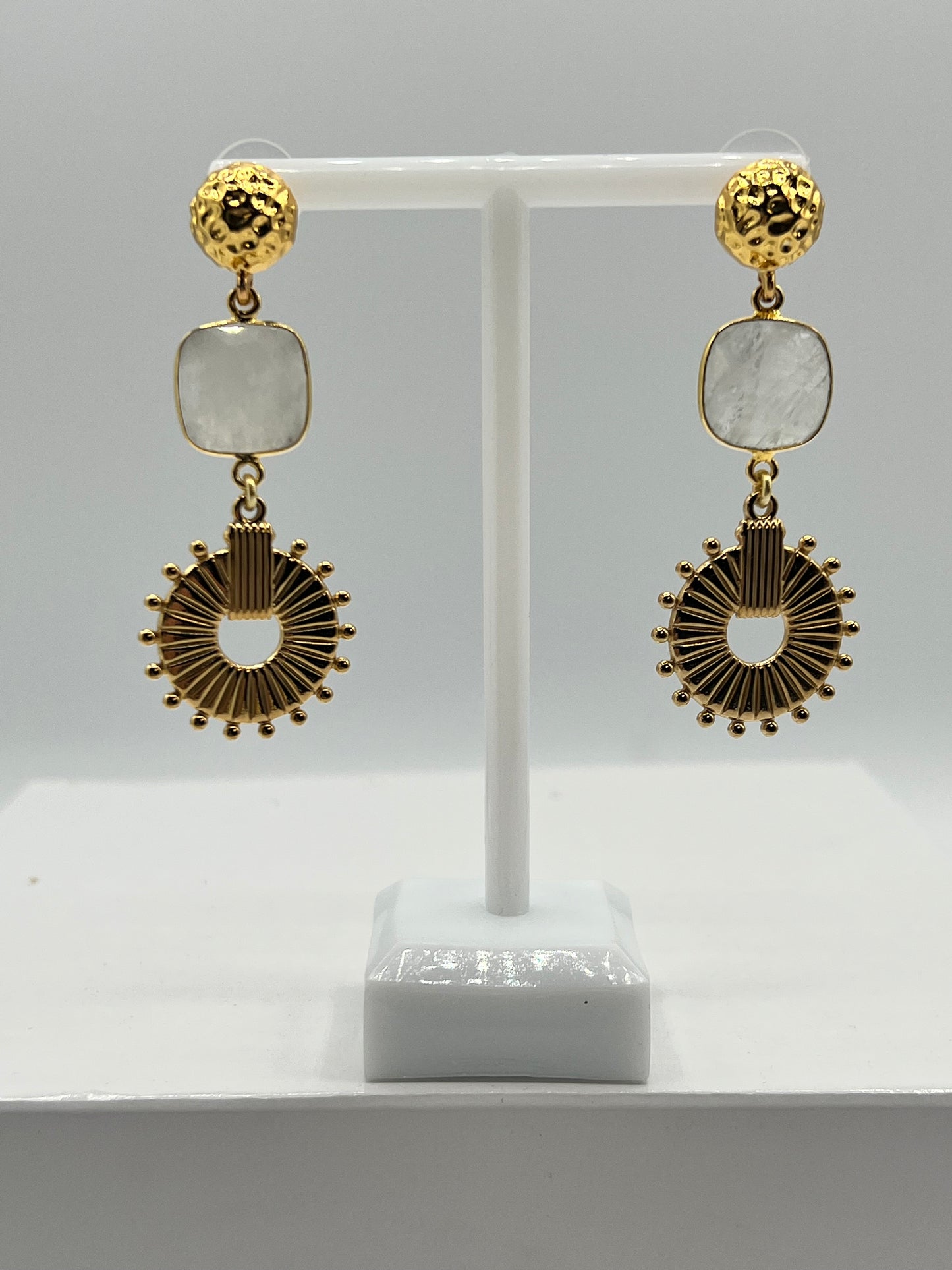 Gemstone Earring /Rainbow Moonstone 15MM Cushion Cut/ Gold Medallion