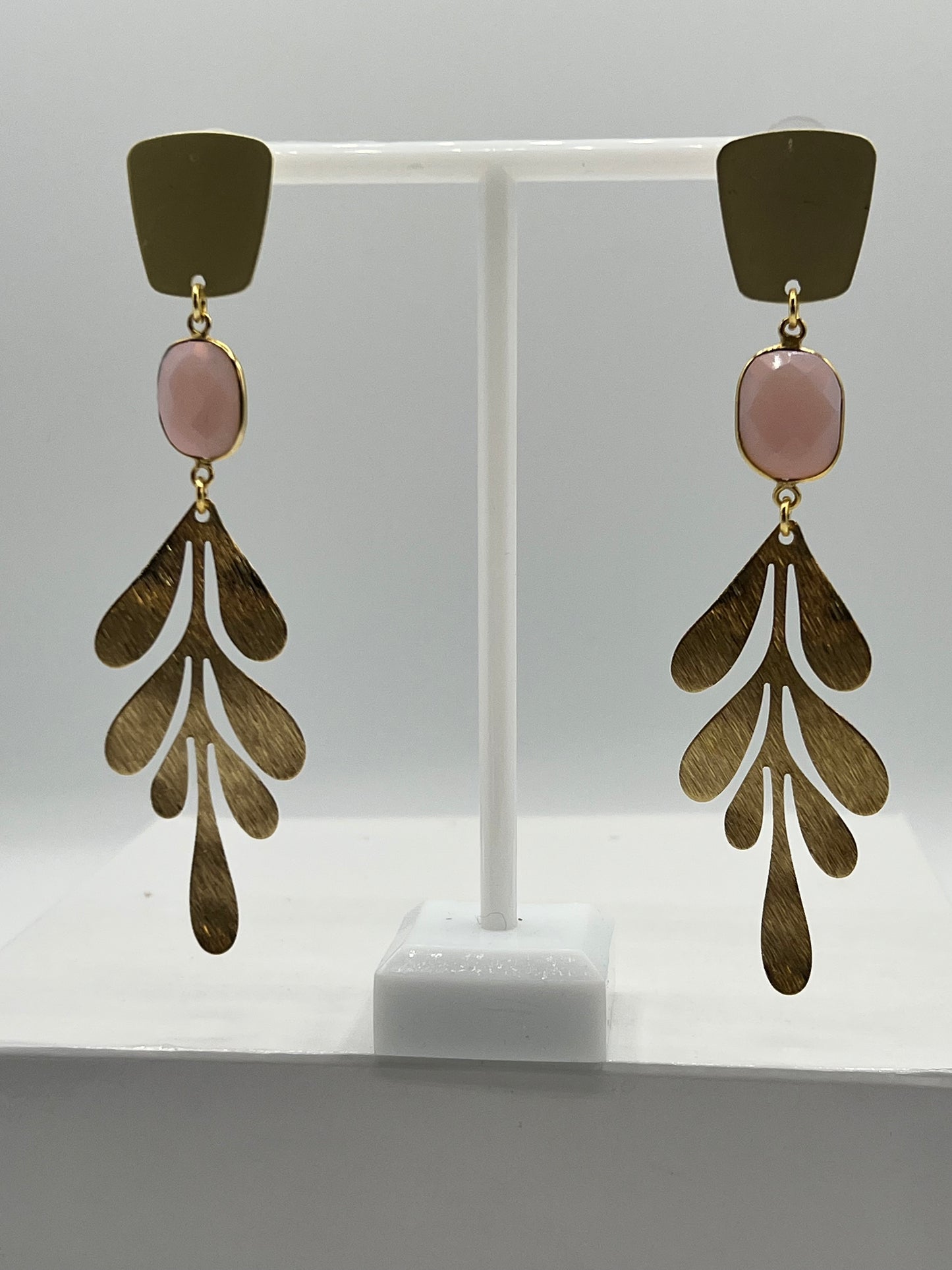 Gemstone Earring/ Gold Long Leaf/ Opalite Bezel Stone/ Trapezoid Brushed Gold Post