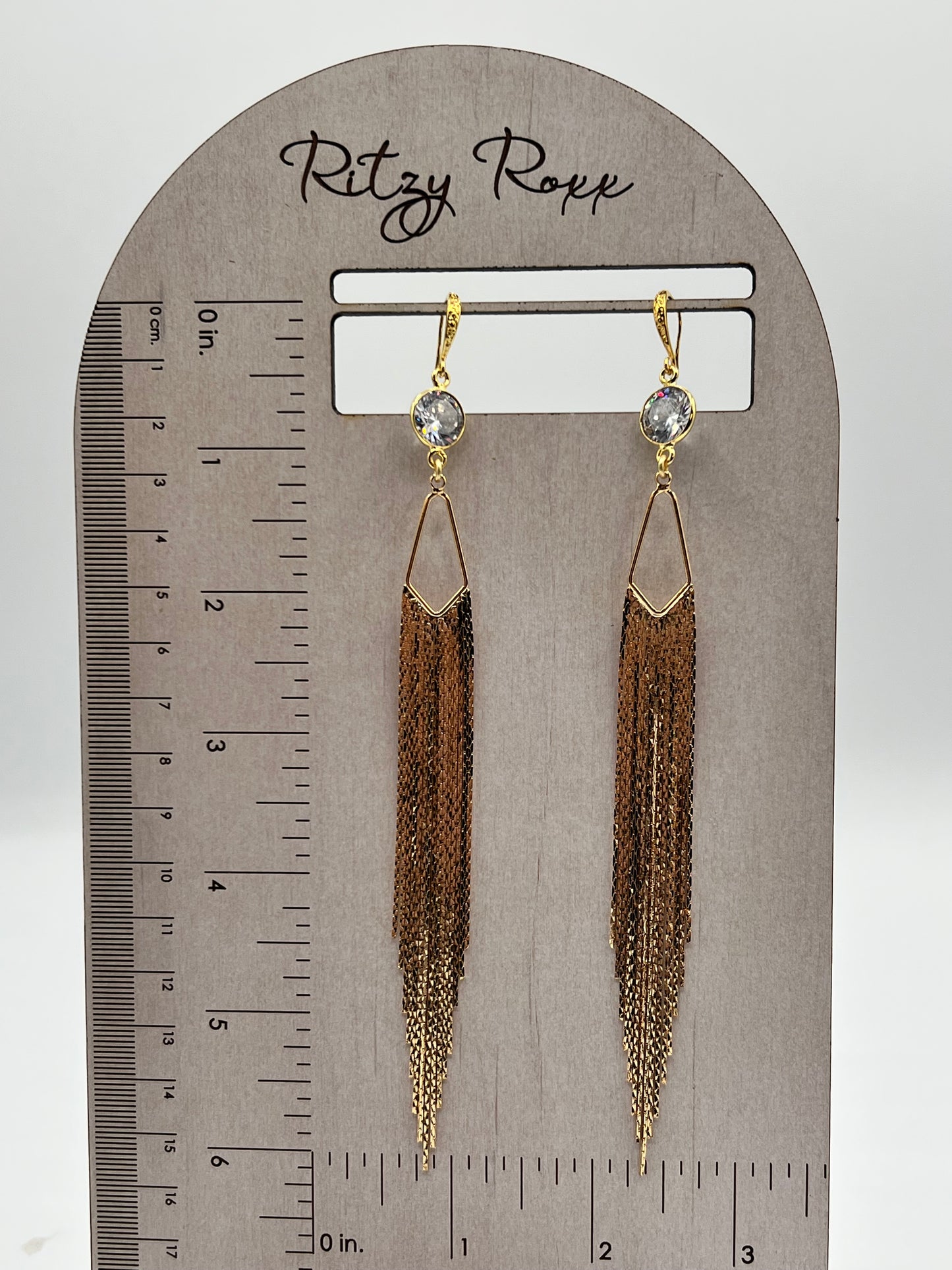 Gemstone Earring/ Long Gold Fringe/ 10MM CZ