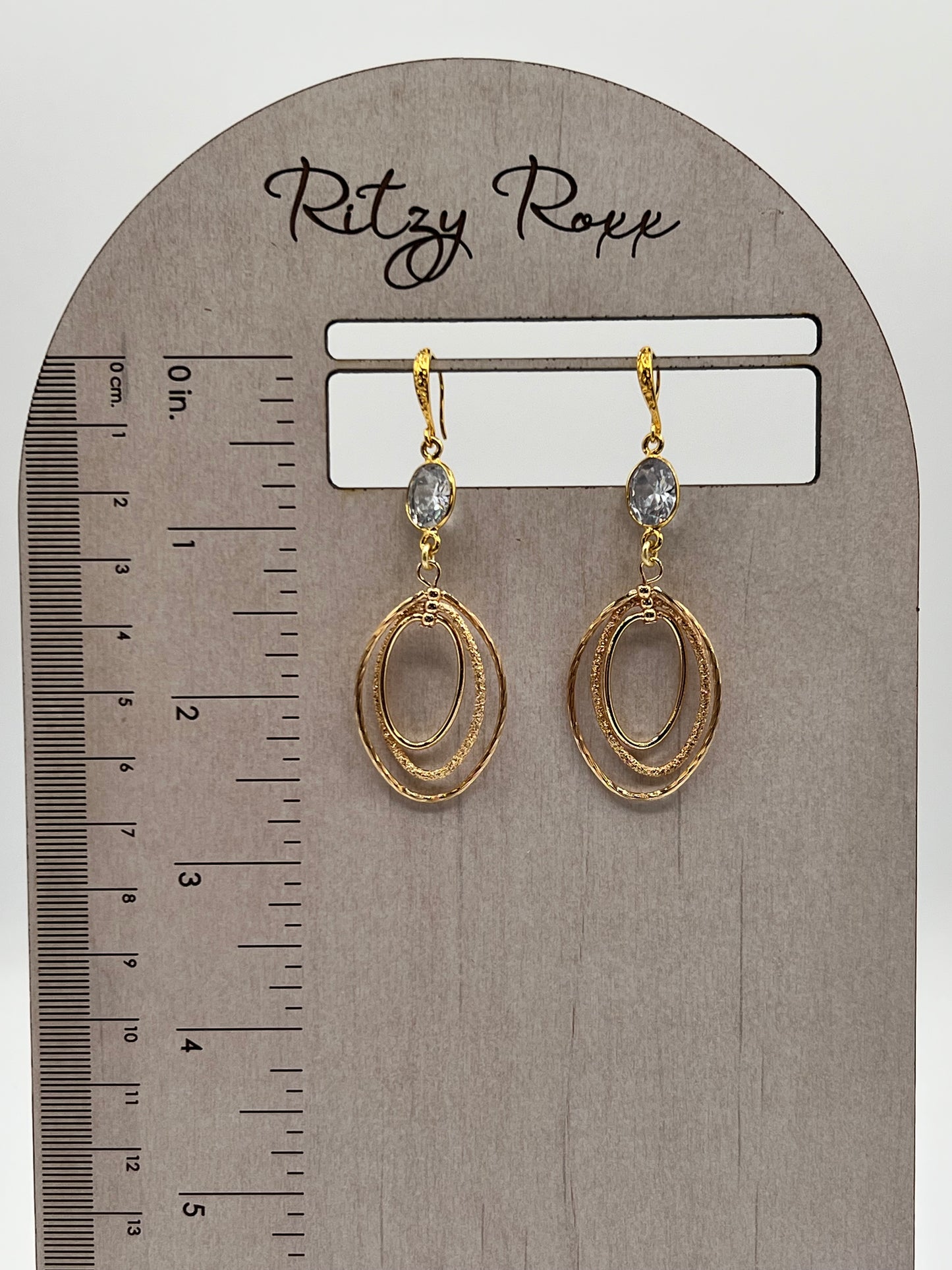 Gemstone Earring/ Gold Oval Swinger Dangles with Oval Sparkly CZ Stone