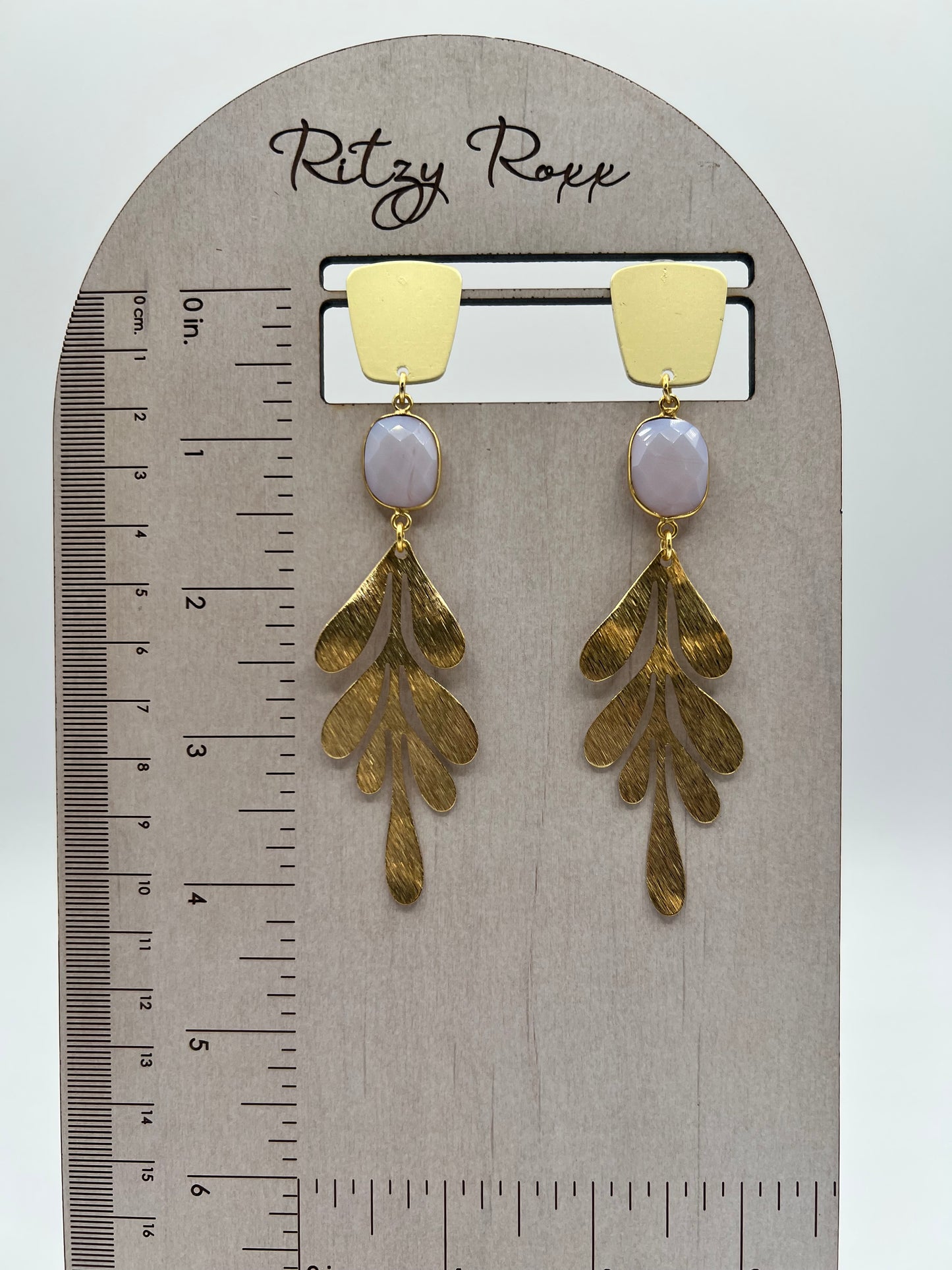 Gemstone Earring/ Gold Long Leaf/ Opalite Bezel Stone/ Trapezoid Brushed Gold Post