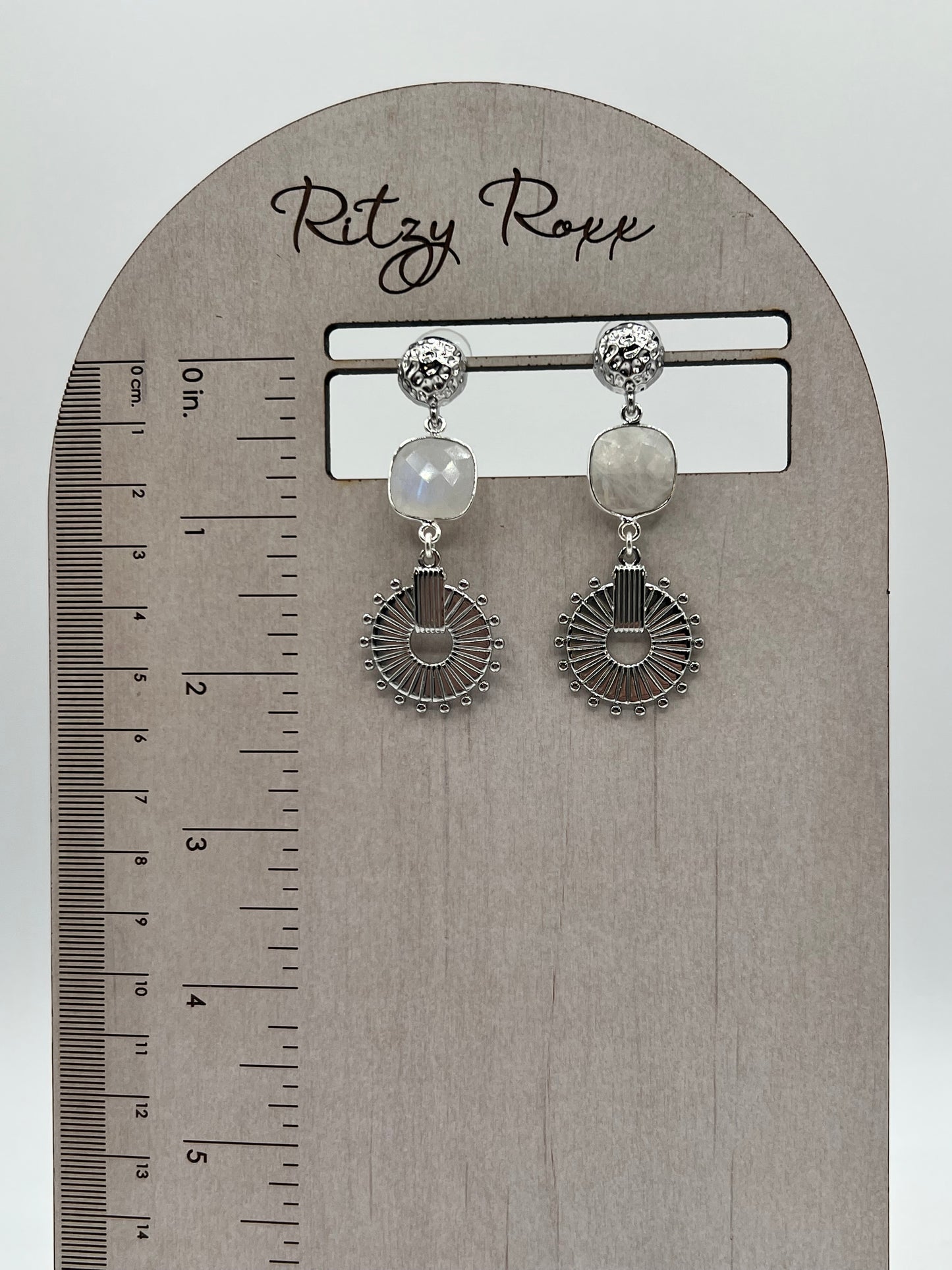 Gemstone Earring /Rainbow Moonstone 15MM Cushion Cut/ Silver Medallion