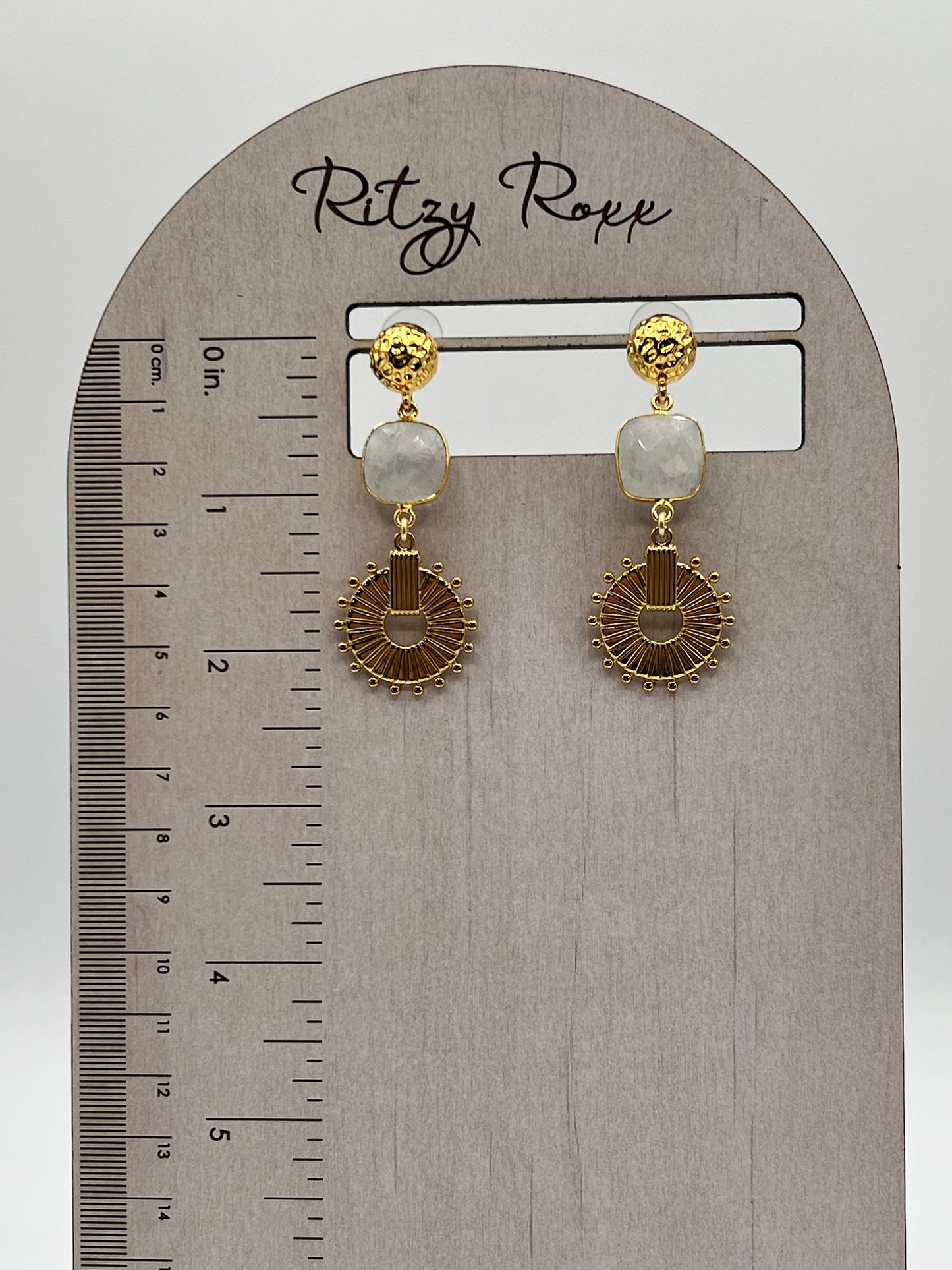 Gemstone Earring /Rainbow Moonstone 15MM Cushion Cut/ Gold Medallion